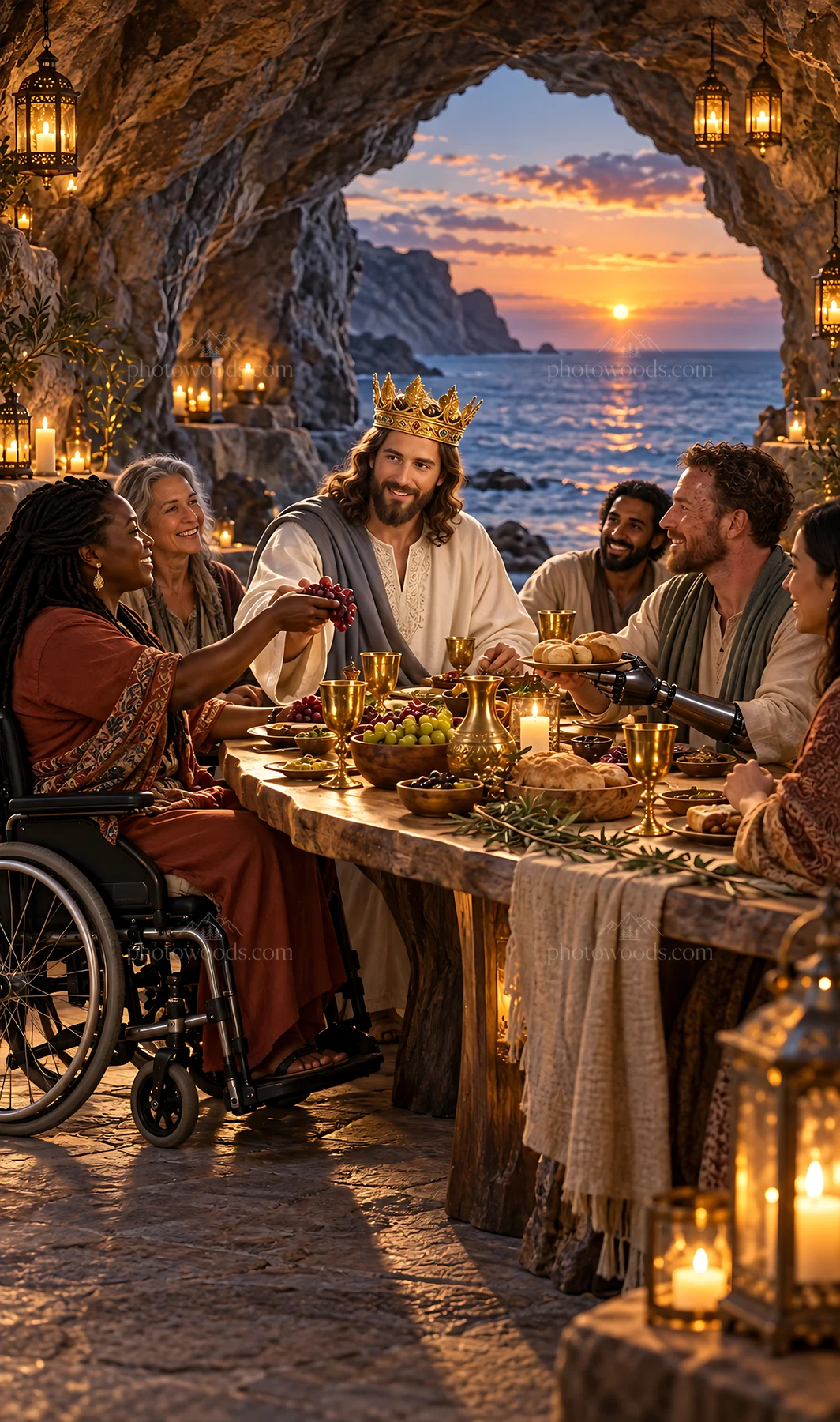 Jesus Christ sharing a meal with friends in a coastal setting - AI-generated stock image