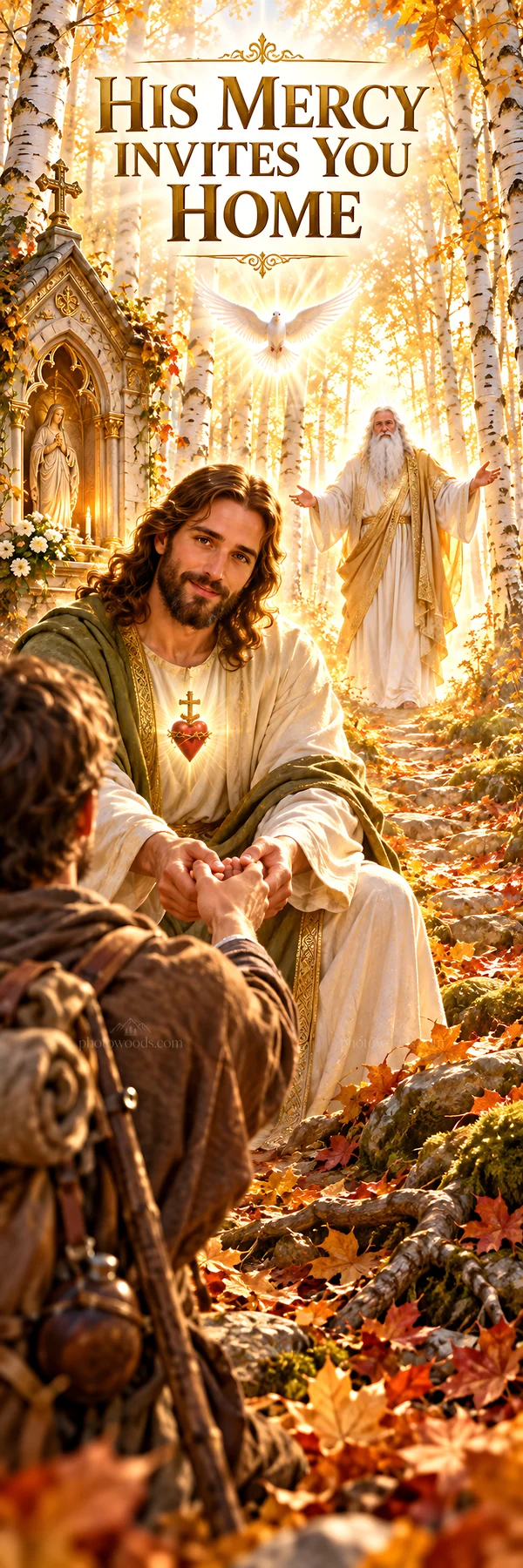 Jesus Christ extends mercy and compassion in a forest scene - AI-generated stock image