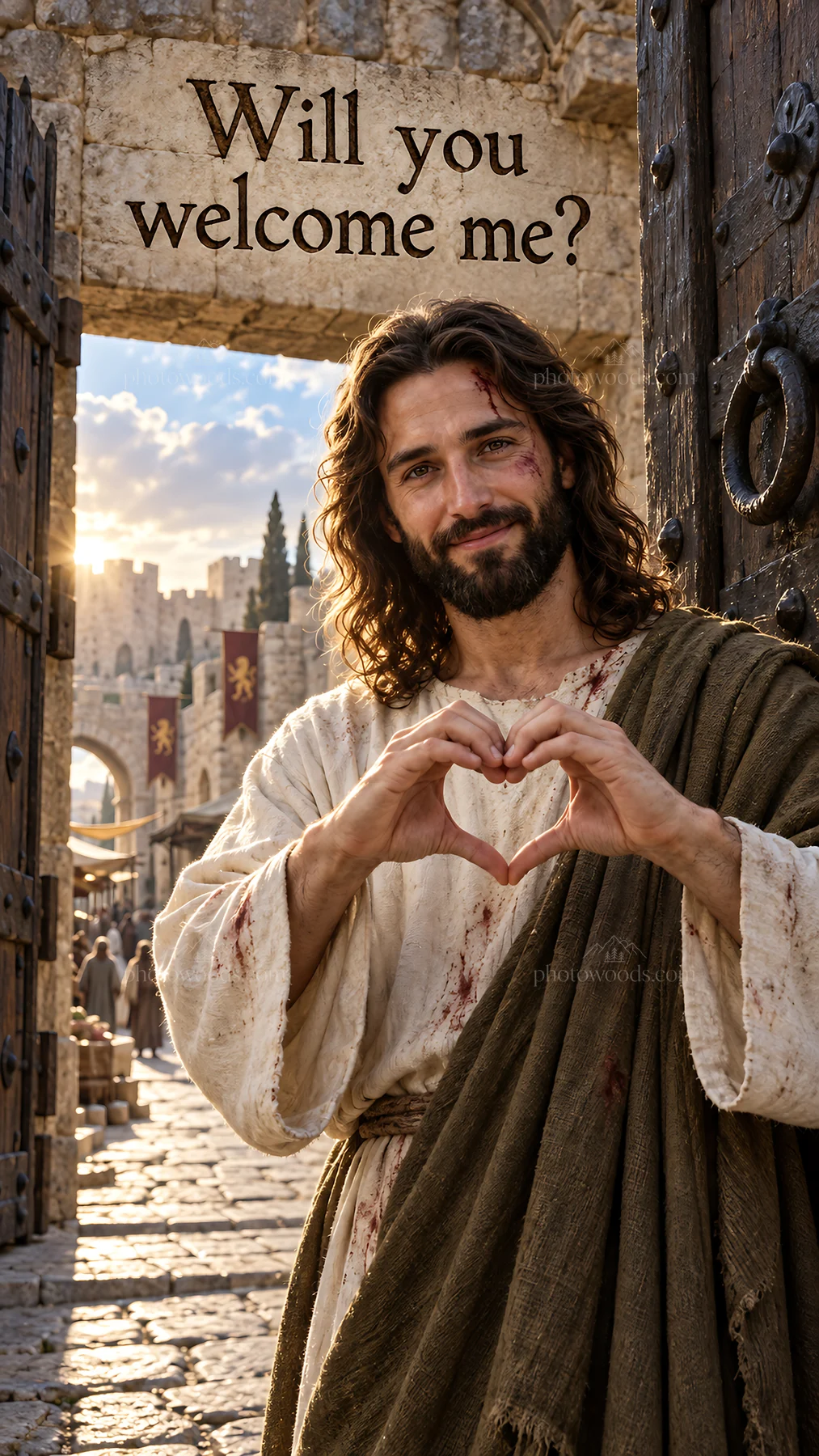 Jesus Christ welcomes viewers with a heart gesture - AI-generated stock image