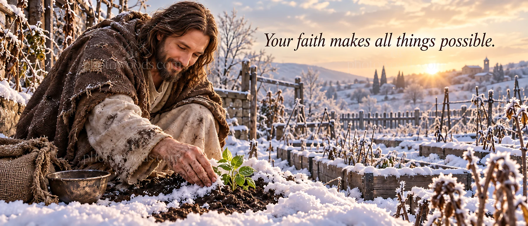 Jesus Christ planting seeds in a snowy garden - AI-generated stock image