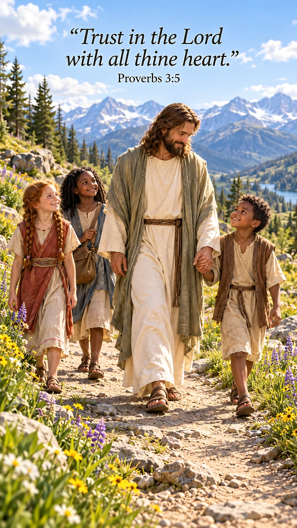 Jesus Christ walking with children in nature - AI-generated stock image