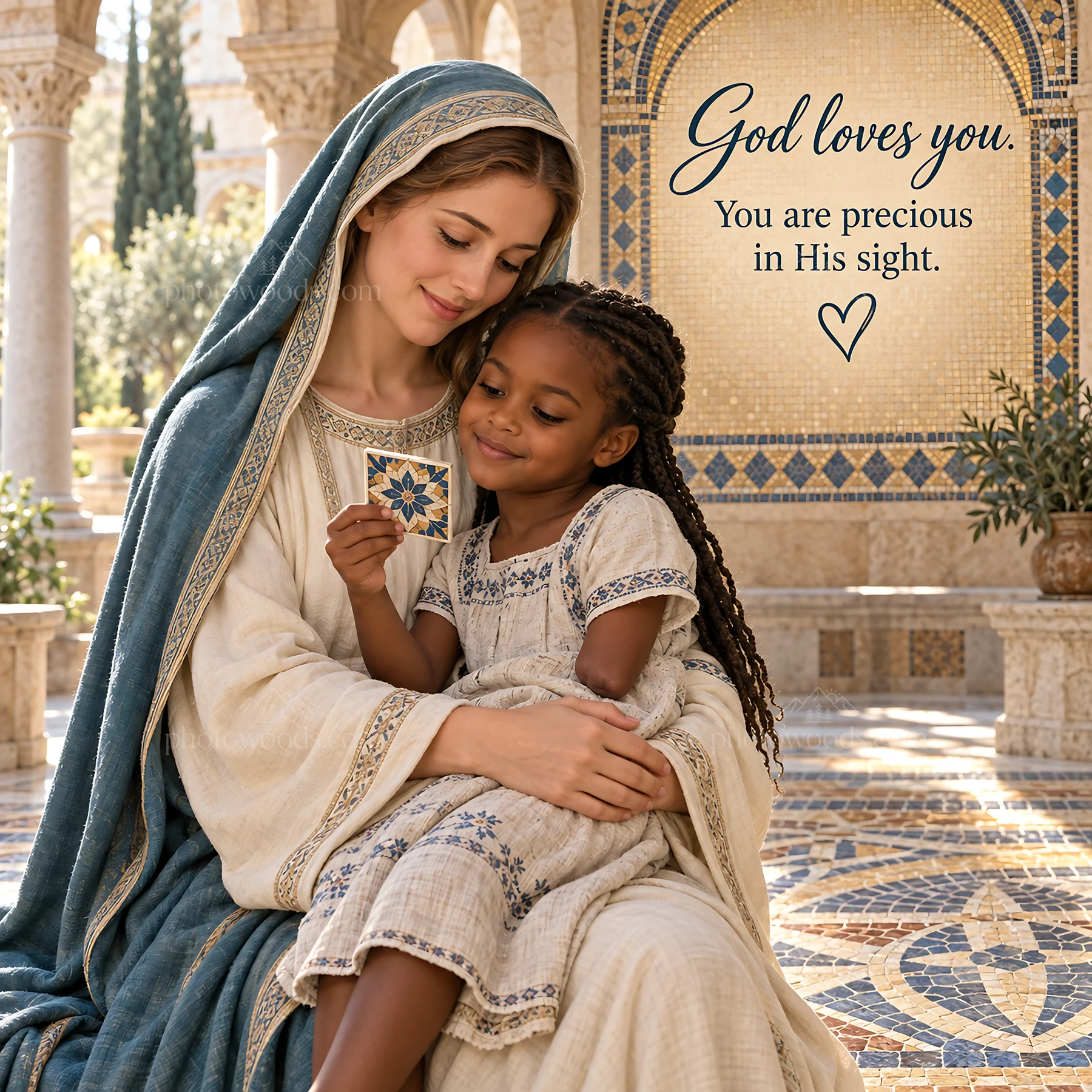 Jesus Christ comforts a child in a peaceful setting - AI-generated stock image