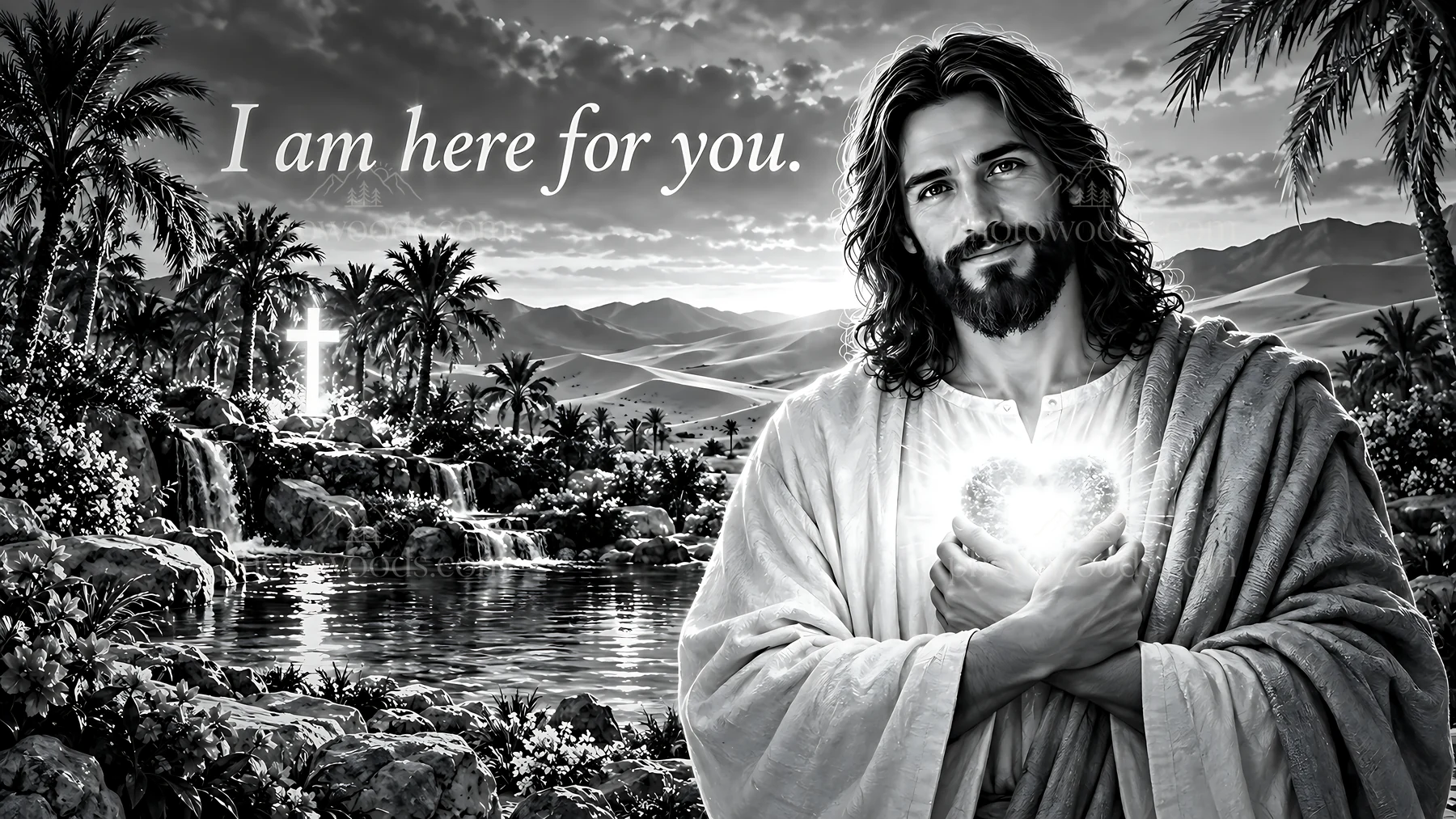 Light in the desert oasis reveals a figure holding a heart - AI-generated stock image