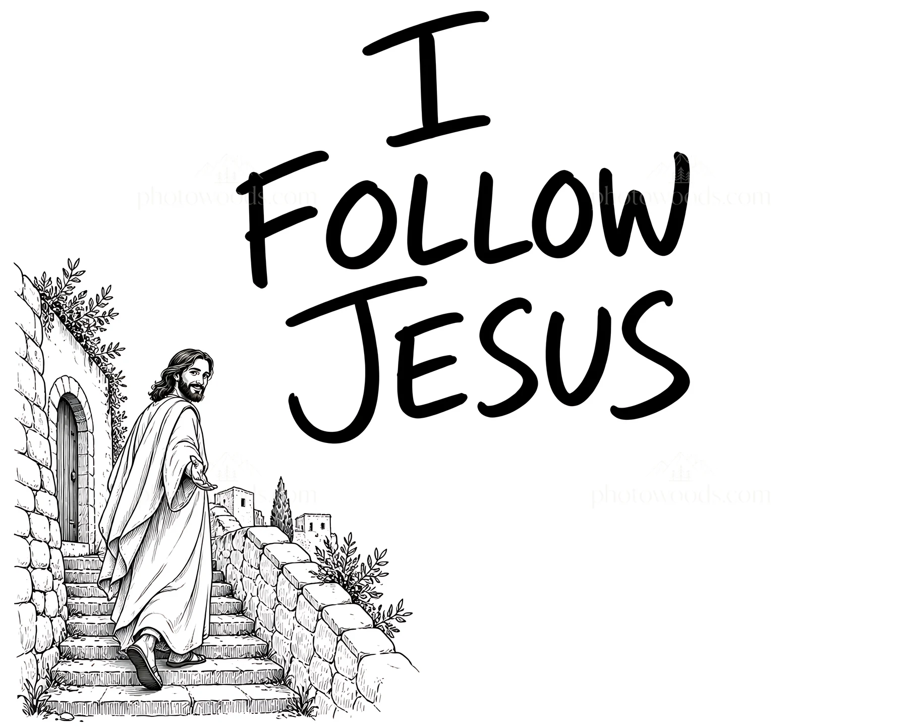 Jesus Christ walking down stairs while inviting followers - AI-generated stock image