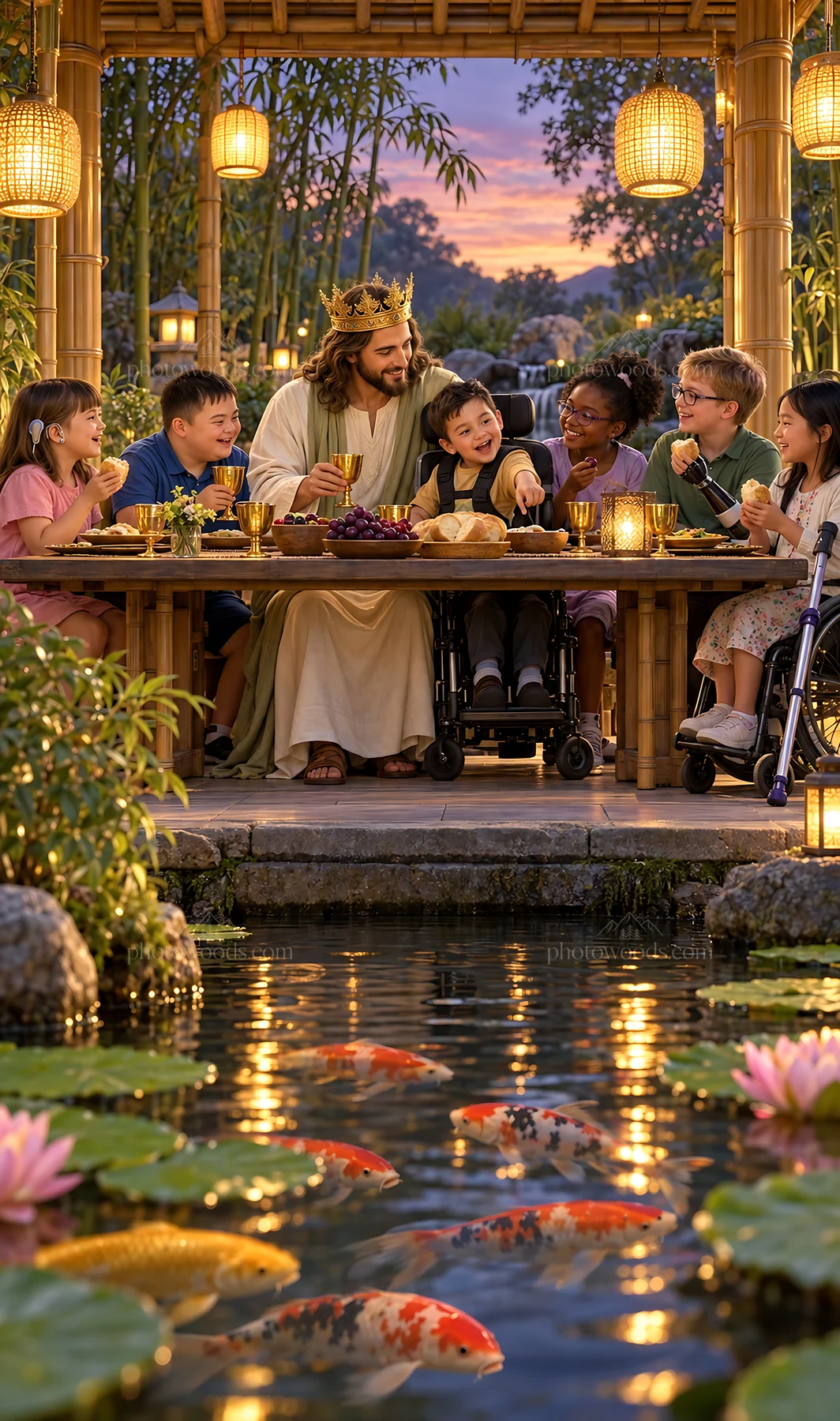 Jesus Christ sharing a meal with children in a garden setting - AI-generated stock image