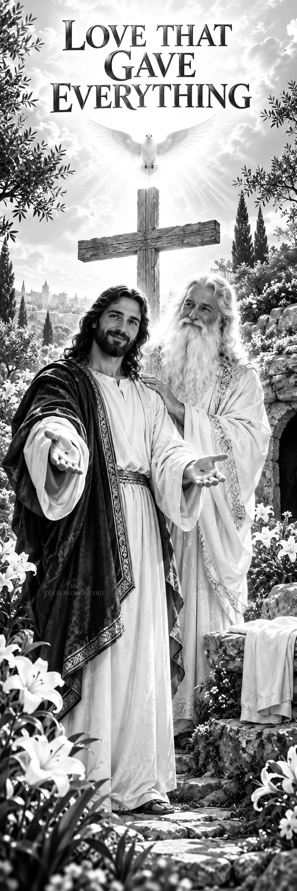 Jesus Christ invites viewers with open arms in a lush garden - AI-generated stock image