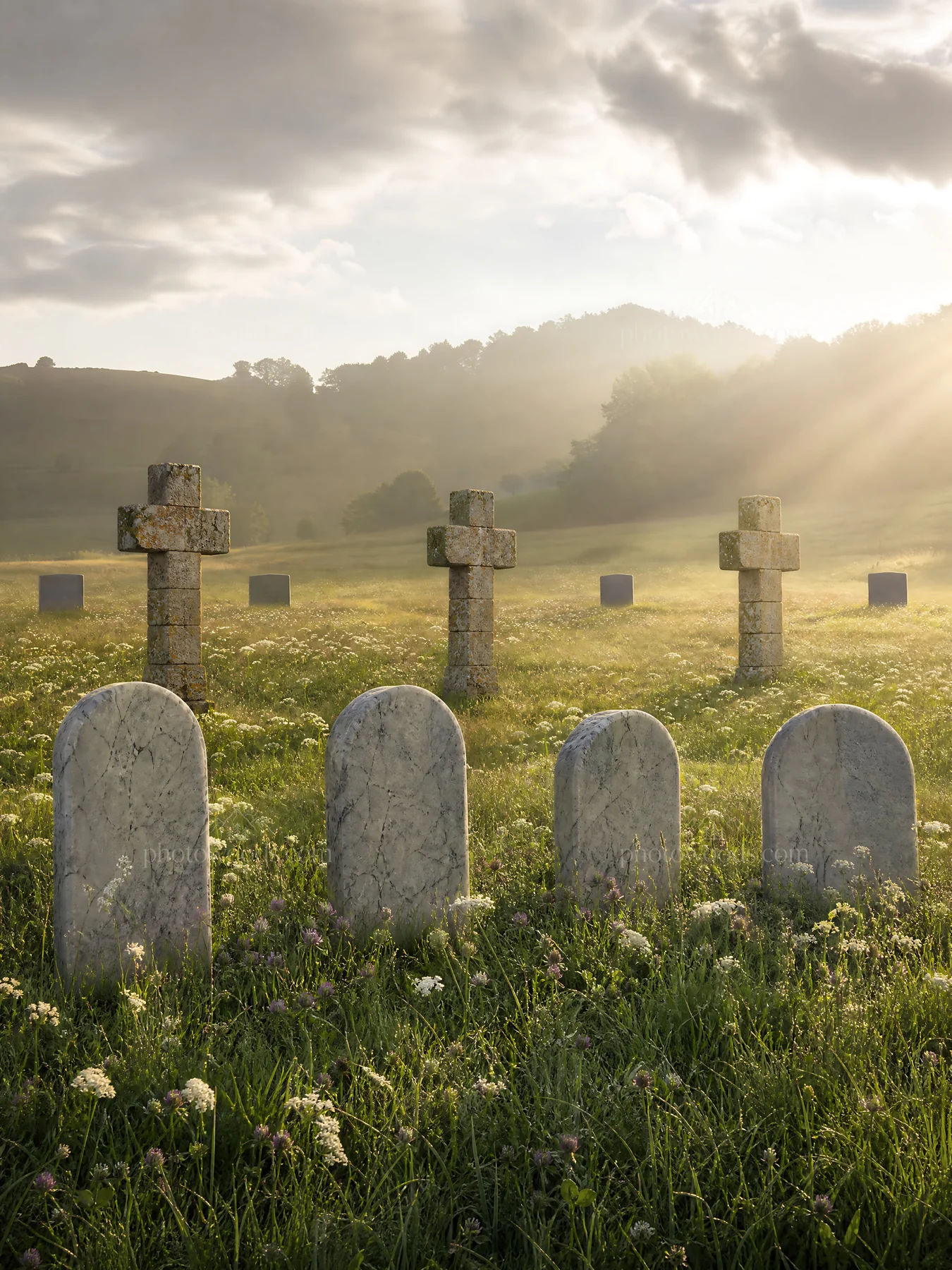 Christian crosses in meadow with sunbeams shining through - AI-generated stock image