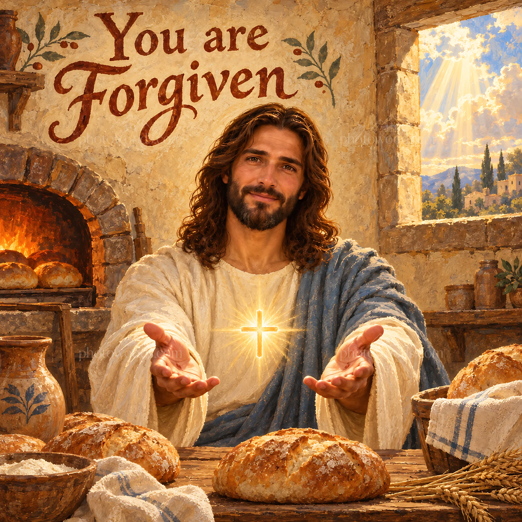 Jesus Christ offering forgiveness and sharing bread - AI-generated stock image