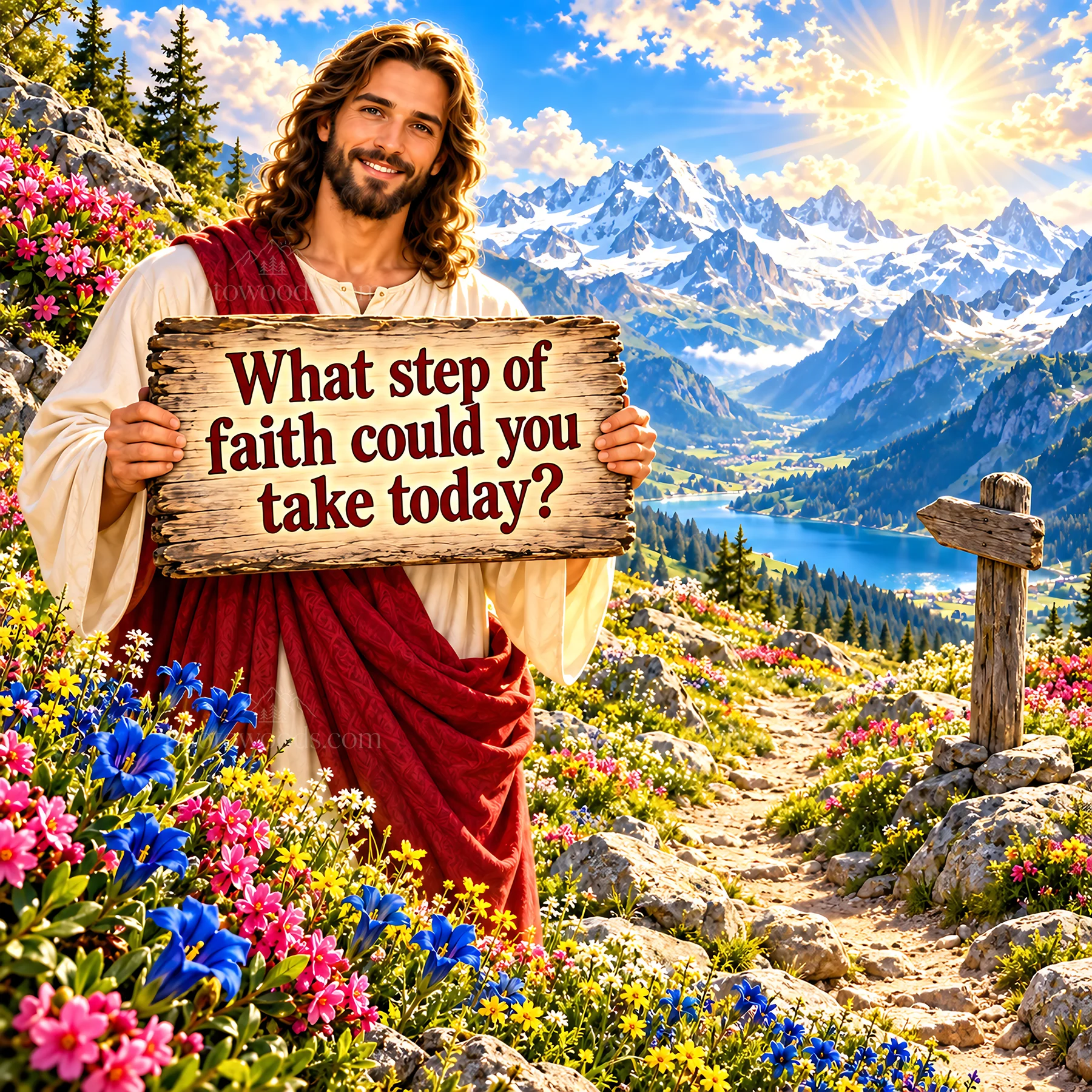 Jesus Christ inviting a step of faith in a beautiful landscape - AI-generated stock image