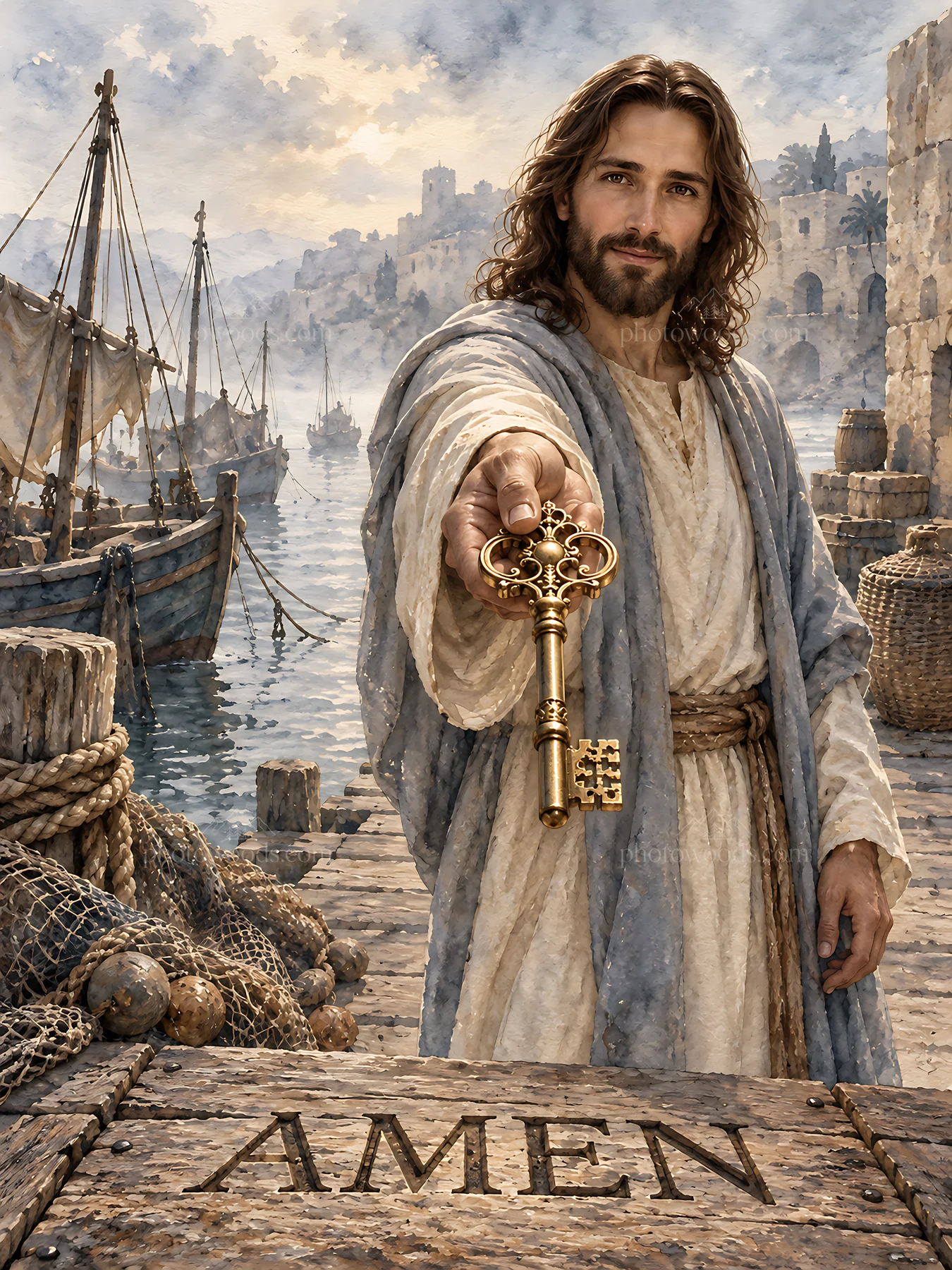 Man holding a key in a harbor with boats in the background - AI-generated stock image