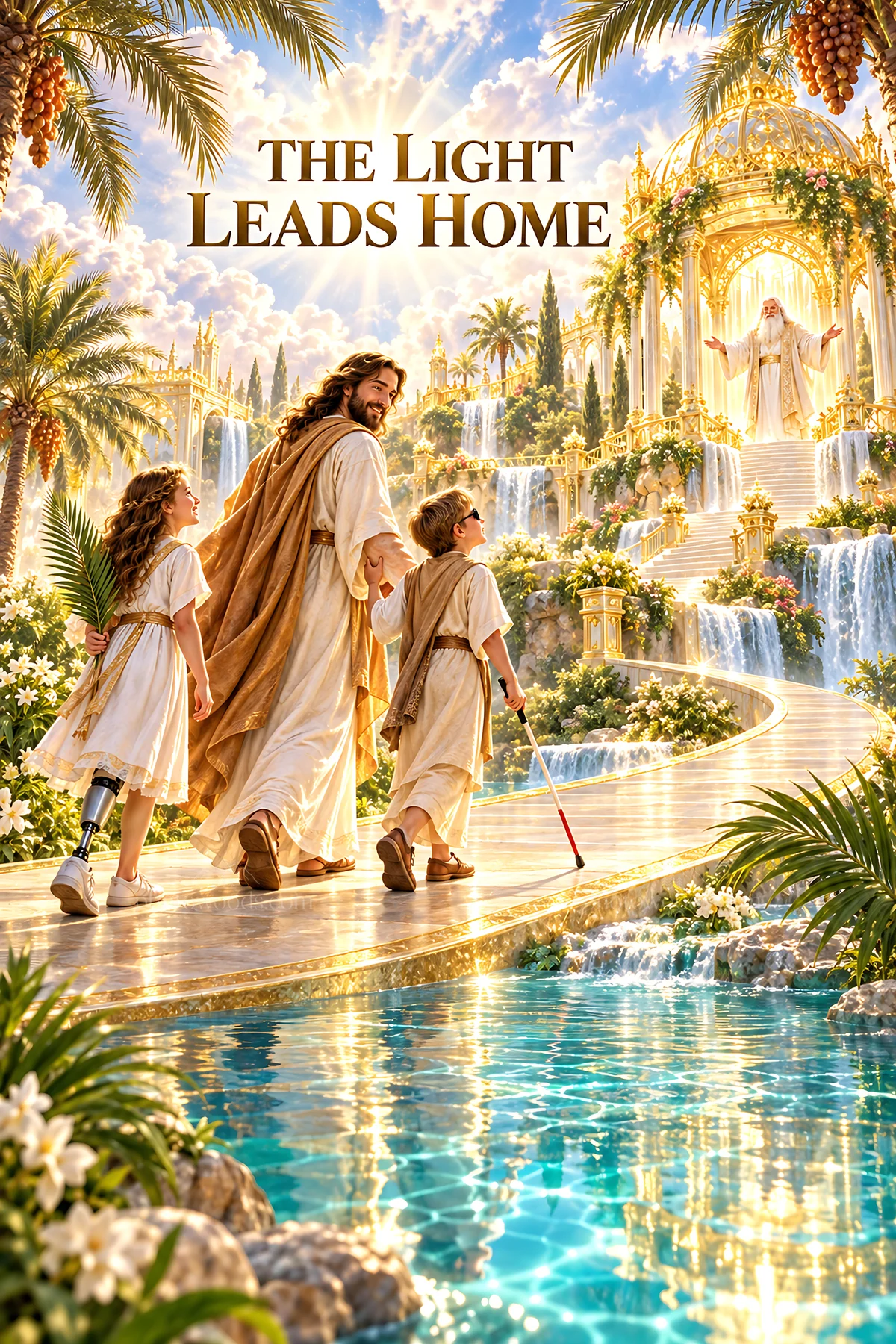 Jesus Christ guides children through a beautiful landscape - AI-generated stock image