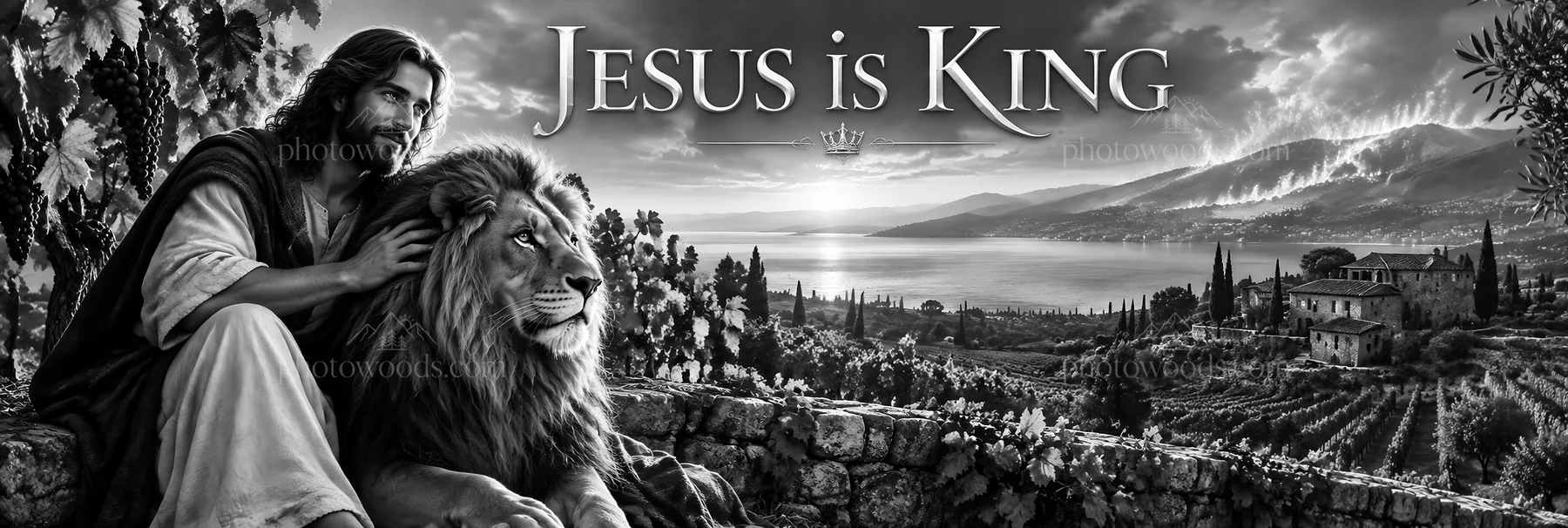 Jesus Christ with a lion in a peaceful landscape - AI-generated stock image