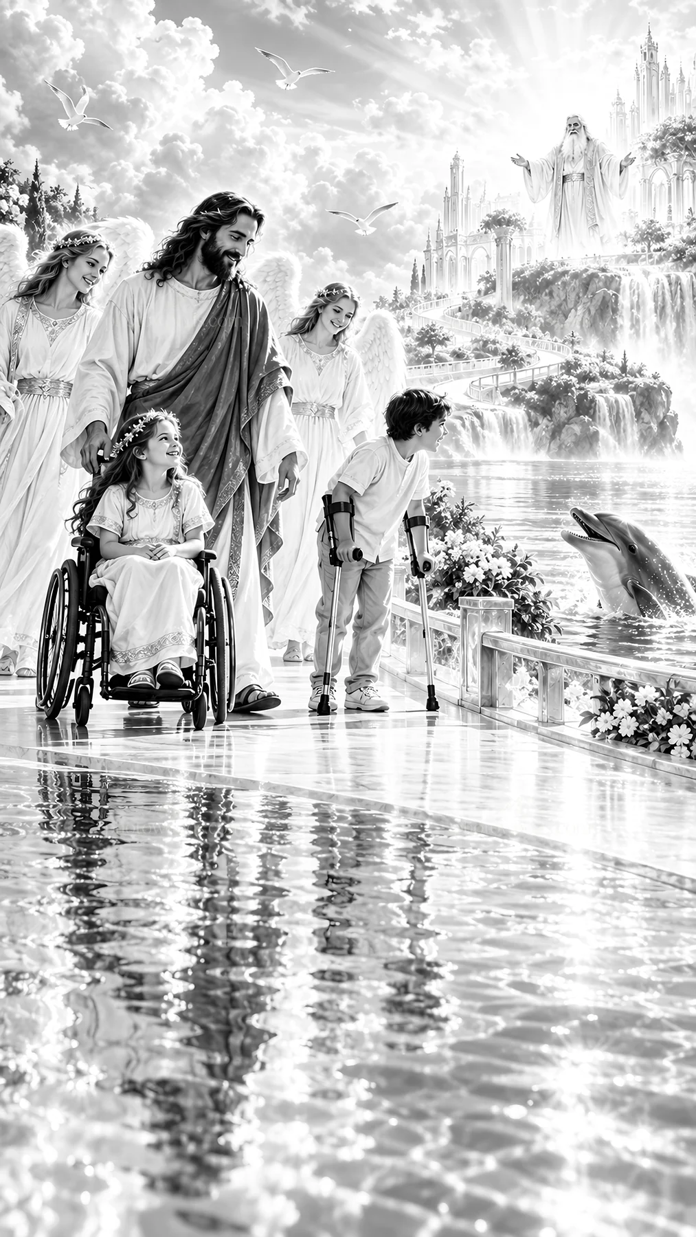 Jesus Christ guiding children in a joyful scene - AI-generated stock image