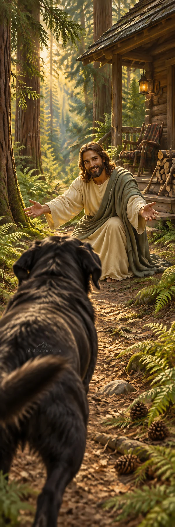 Jesus Christ welcoming a dog in a forest setting - AI-generated stock image