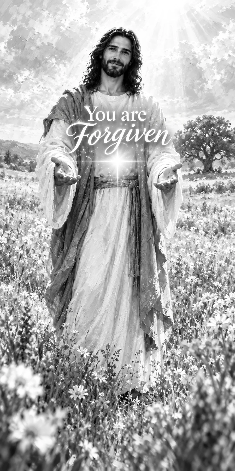 Jesus Christ welcoming viewers with open hands - AI-generated stock image