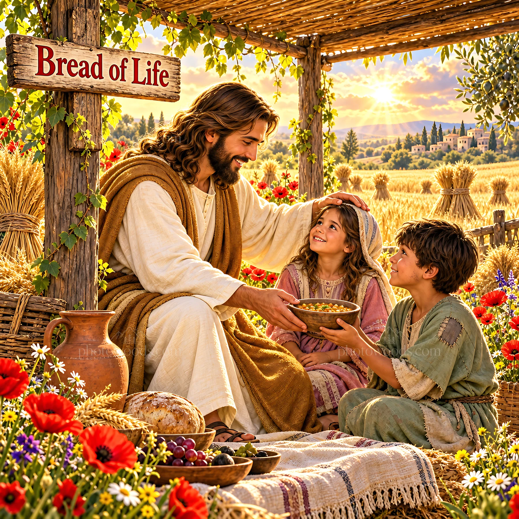 Jesus Christ sharing food with children in a garden setting - AI-generated stock image