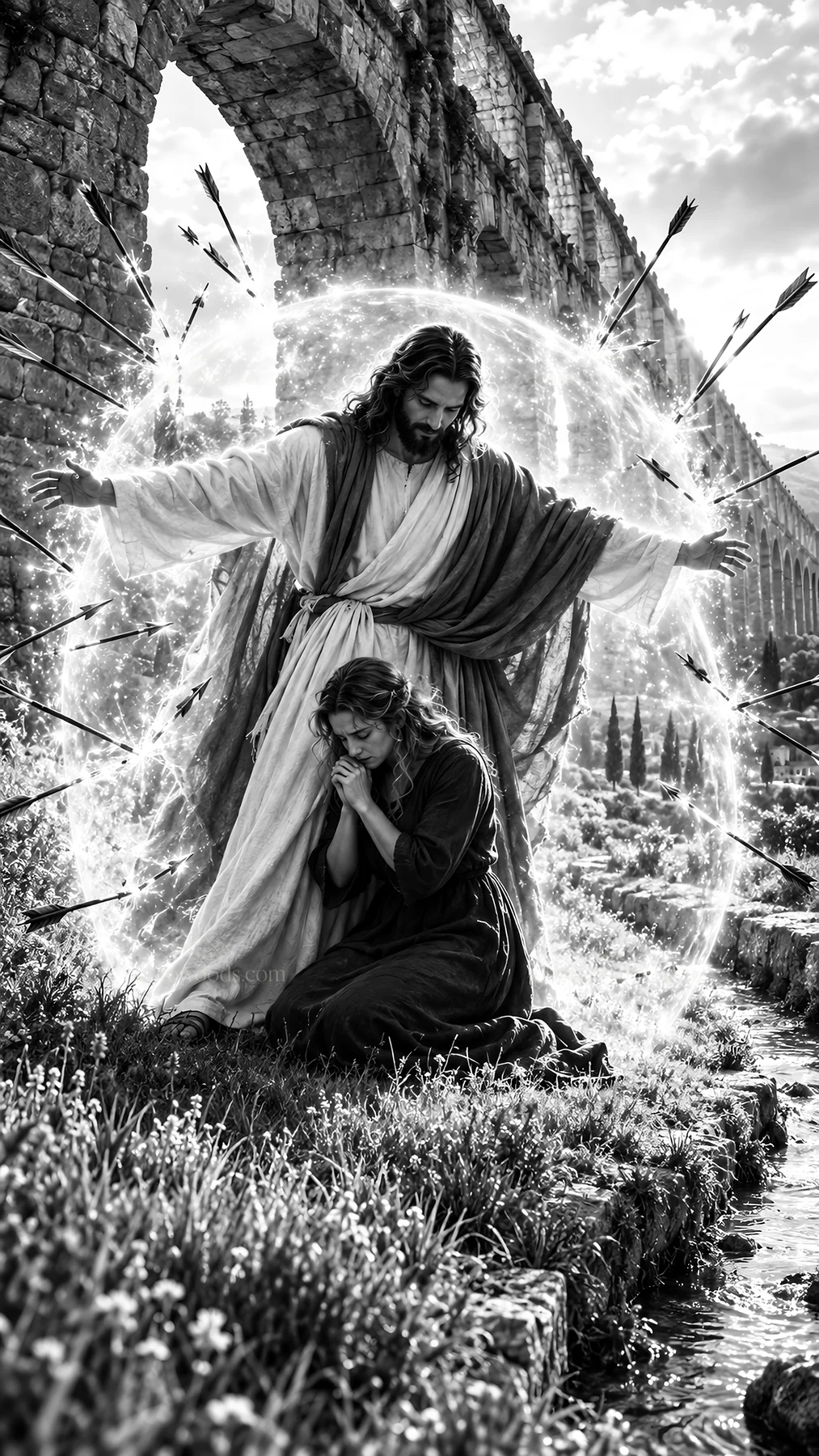 Jesus Christ provides comfort to a suffering woman - AI-generated stock image