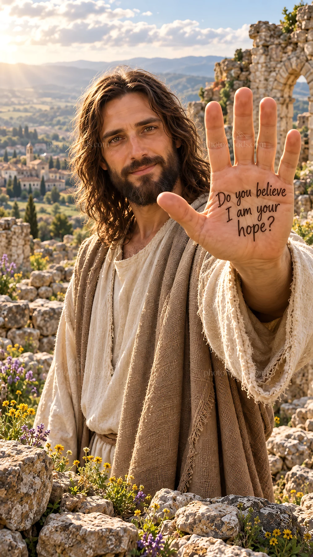 Jesus Christ offers hope with hands raised in a peaceful landscape - AI-generated stock image