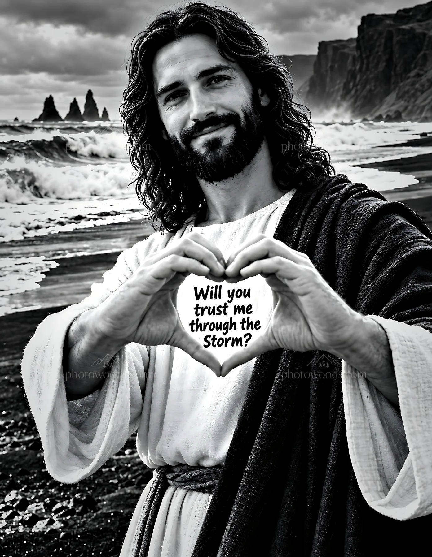 Trust through the storm at the black sand shore - AI-generated stock image