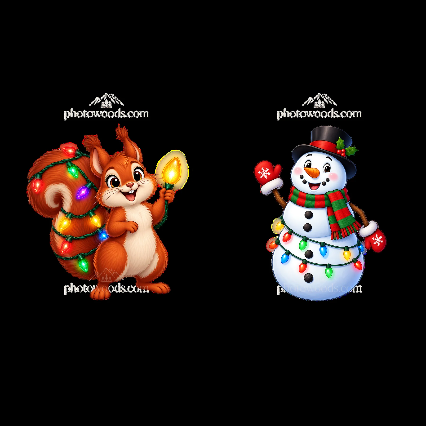 Squirrel with string lights and snowman holding mittens - AI-generated stock image