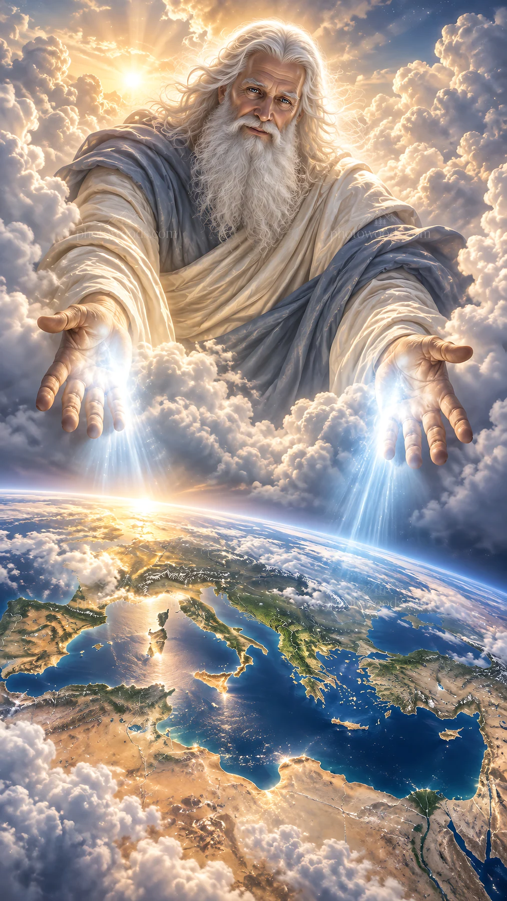 Jesus Christ reaching out to the Earth from the clouds - AI-generated stock image