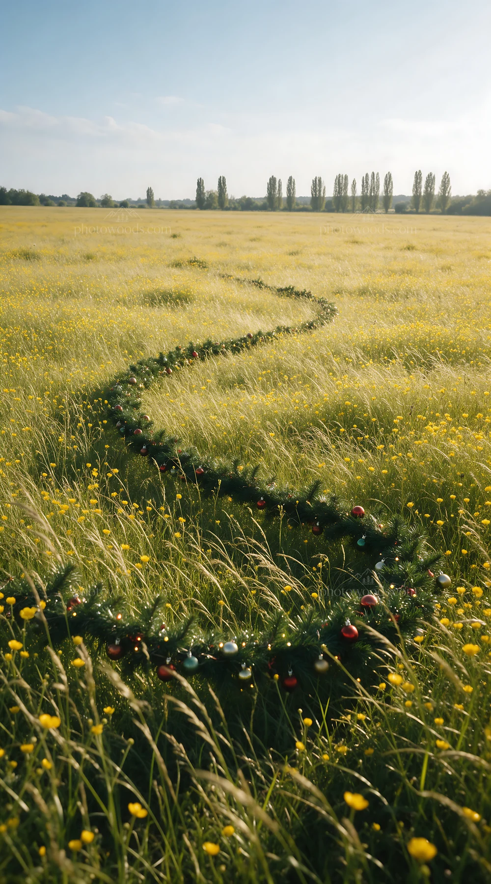 Vibrant Christmas garland curves through meadow grass - AI-generated stock image