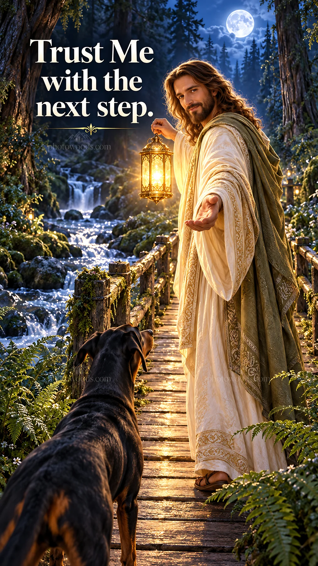 Jesus Christ guiding with a lantern on a forest path - AI-generated stock image