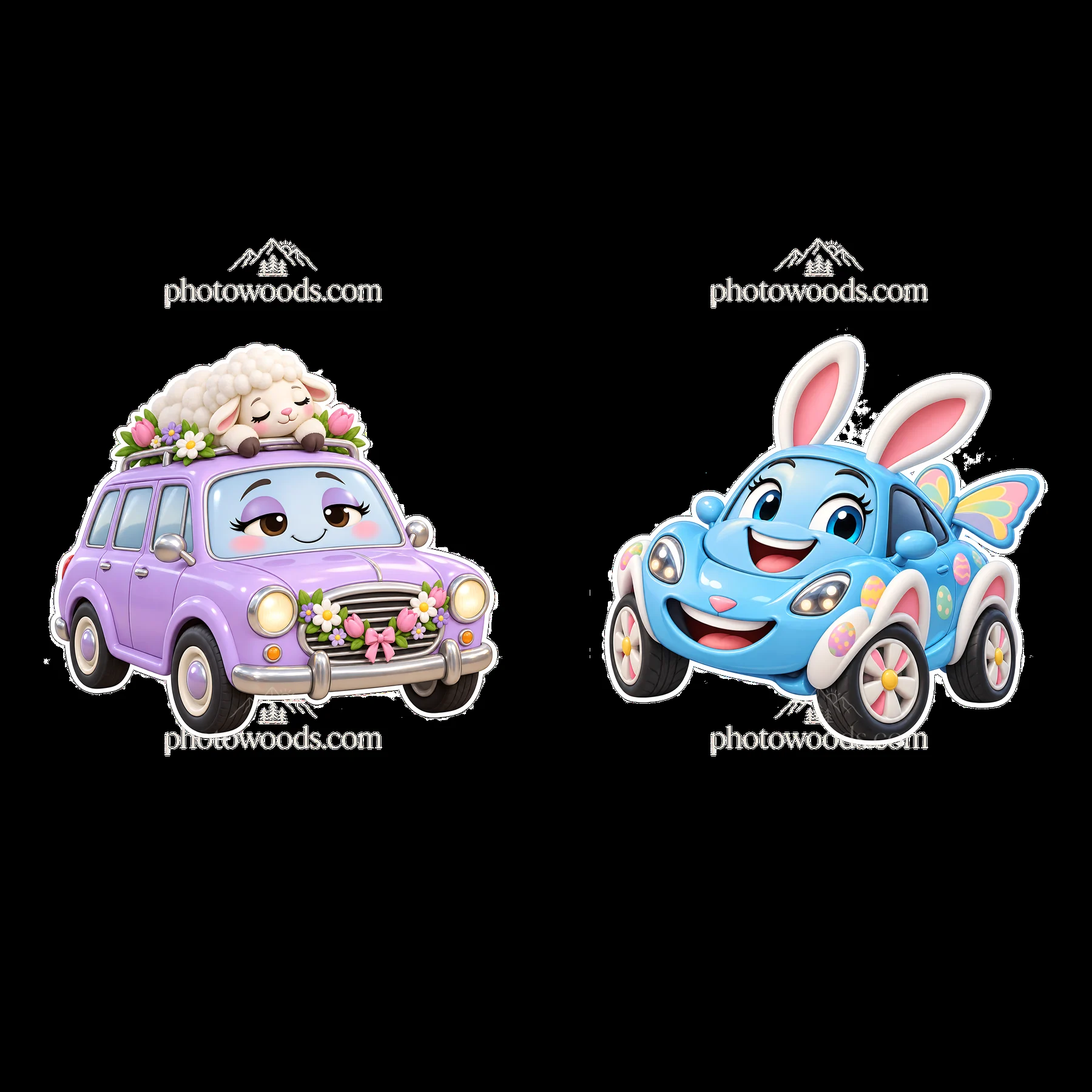 Easter-themed cartoon cars with animal elements and decorations - AI-generated stock image