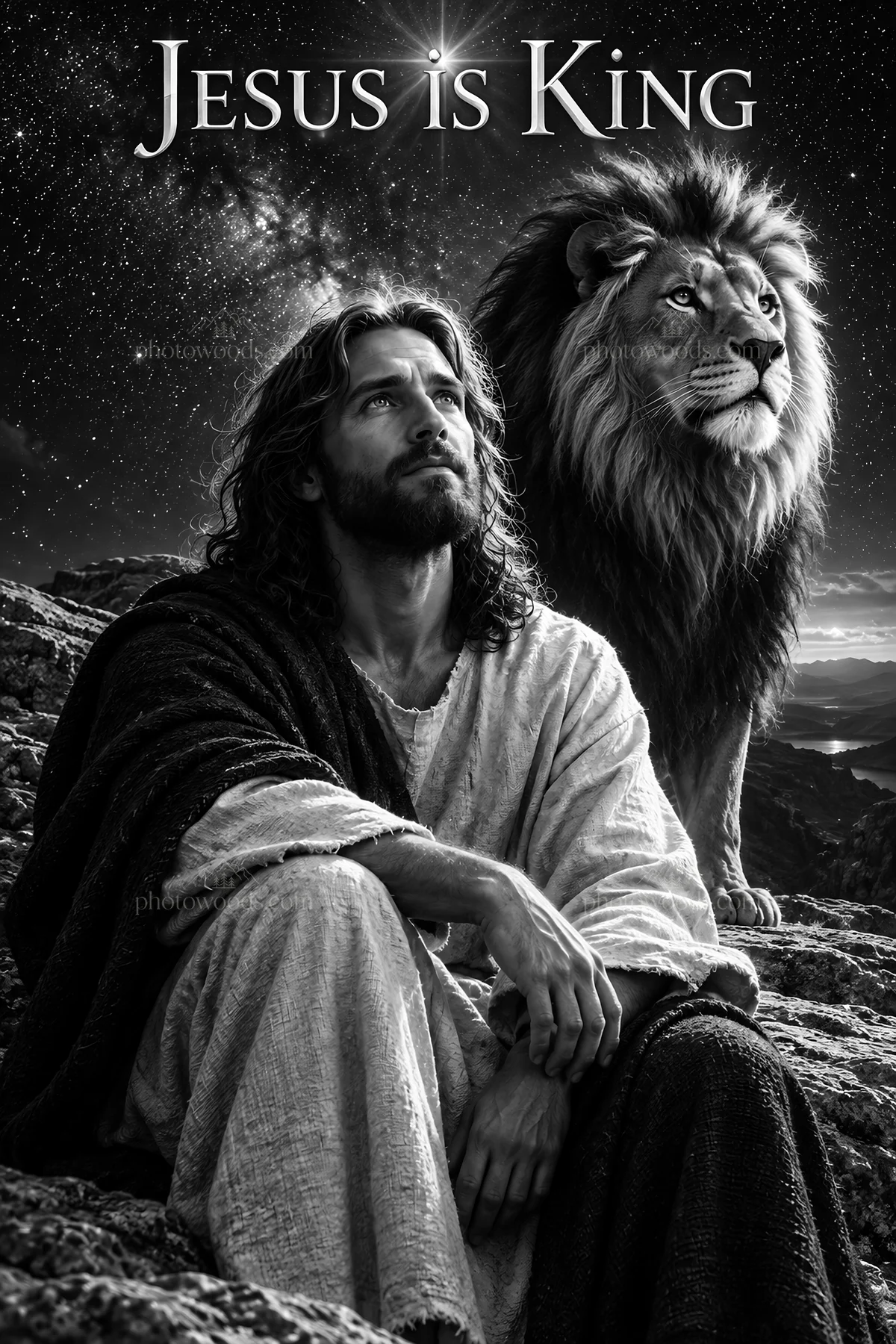 Jesus Christ with a lion in a cosmic landscape - AI-generated stock image