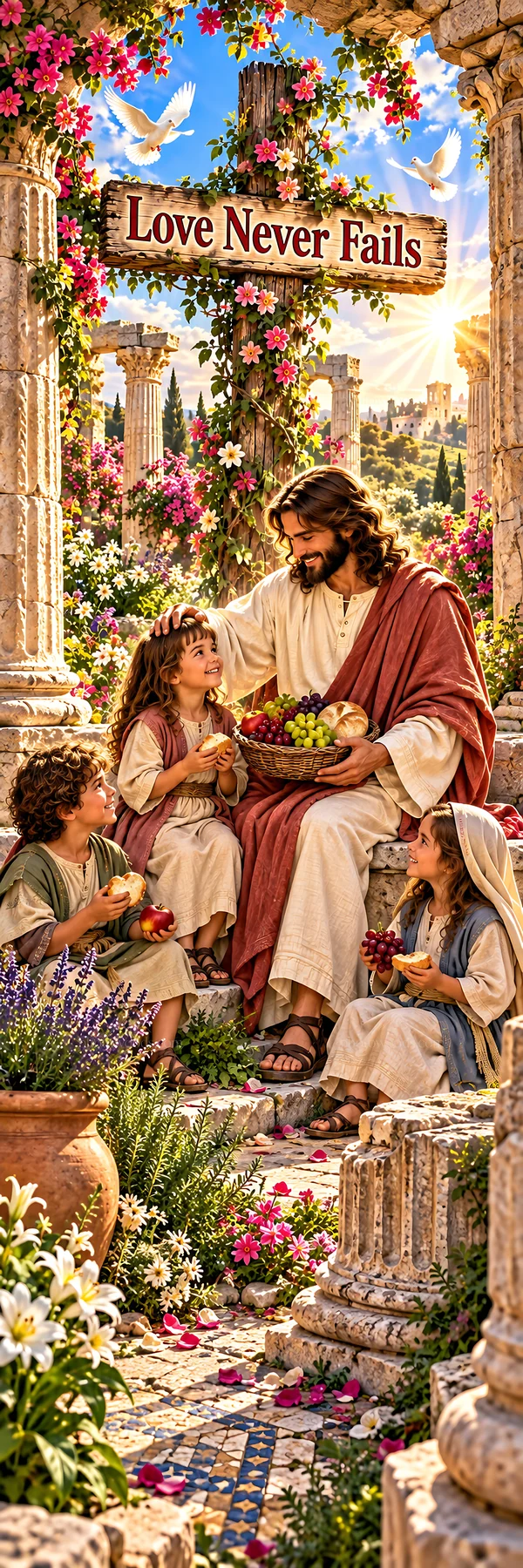 Jesus Christ sharing a meal with children in a garden setting - AI-generated stock image