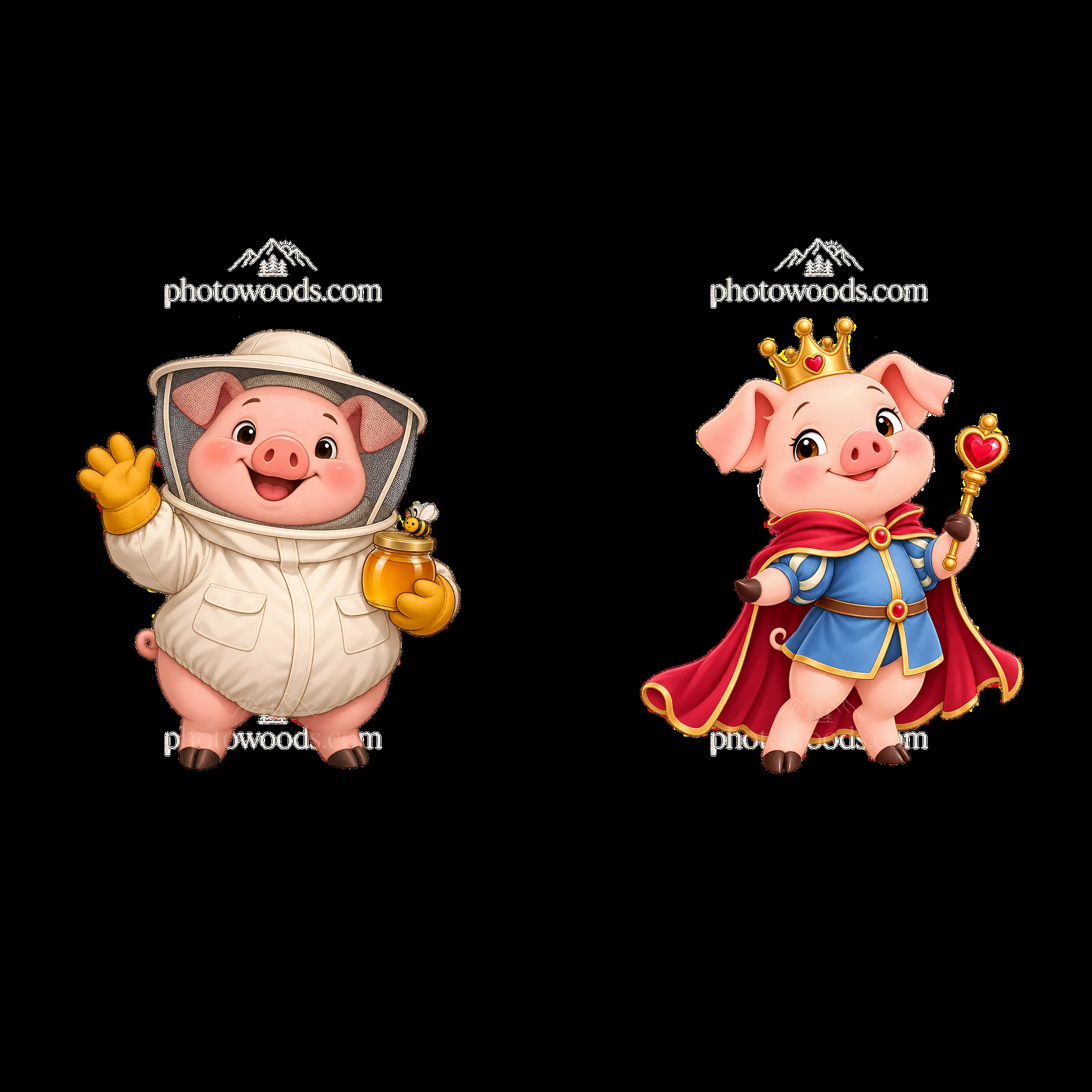 Pig in beekeeping suit and pig in royal outfit - AI-generated stock image