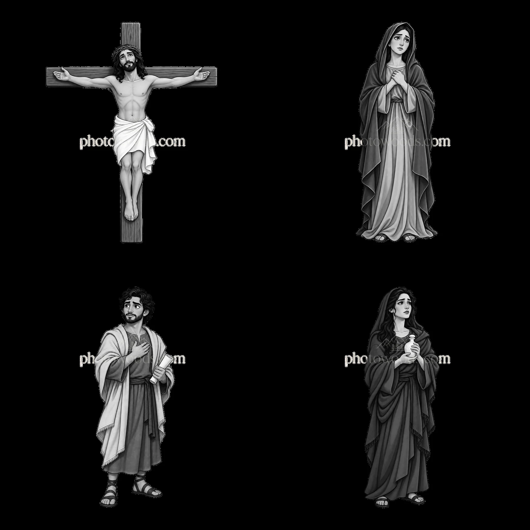 Jesus on the cross with mourners in monochrome cartoon style - AI-generated stock image
