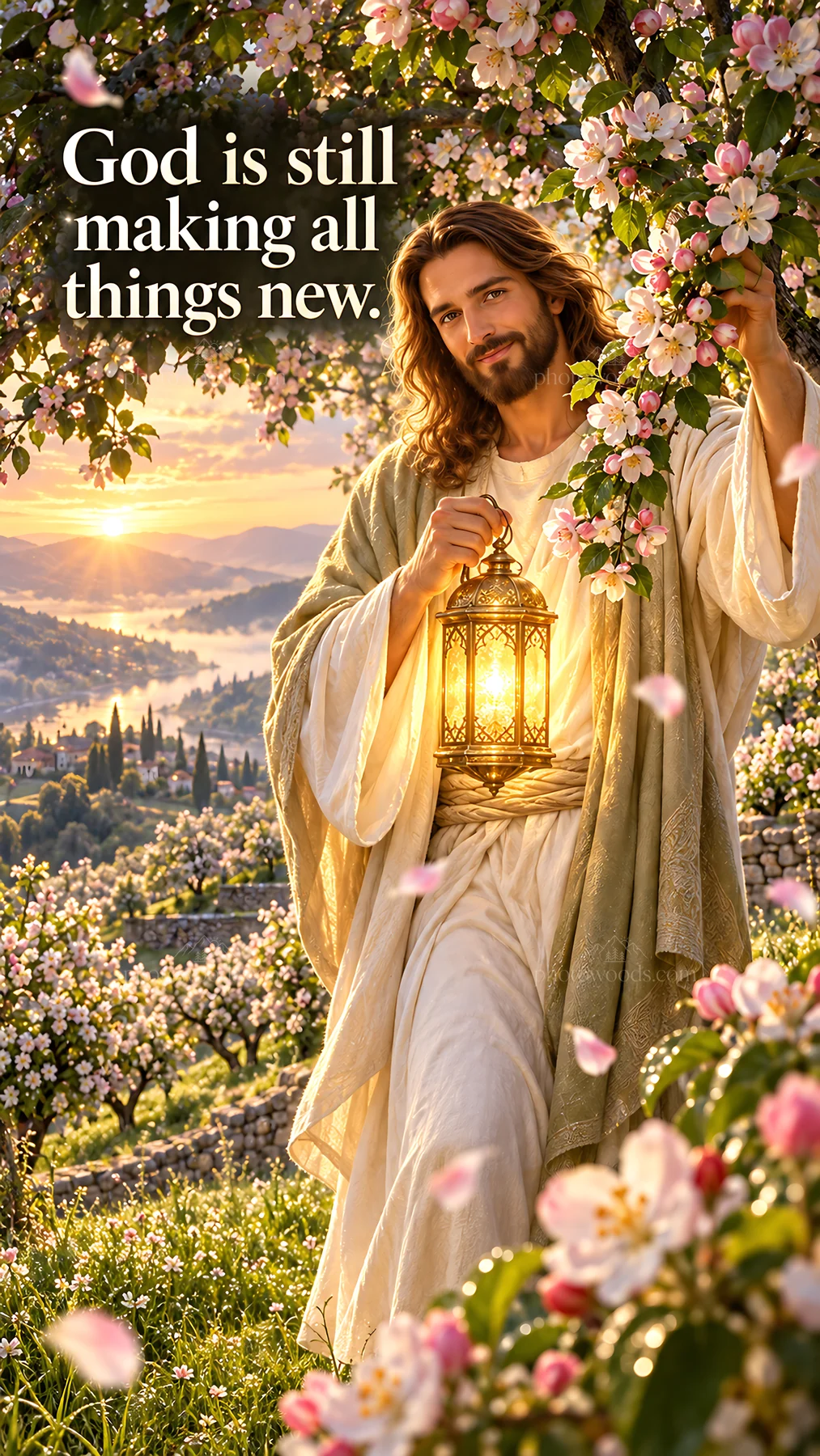 Jesus Christ walking in a blooming garden with a lantern - AI-generated stock image