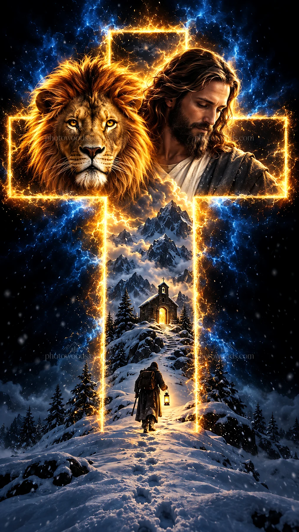 Jesus Christ guiding a traveler through a snowy landscape - AI-generated stock image