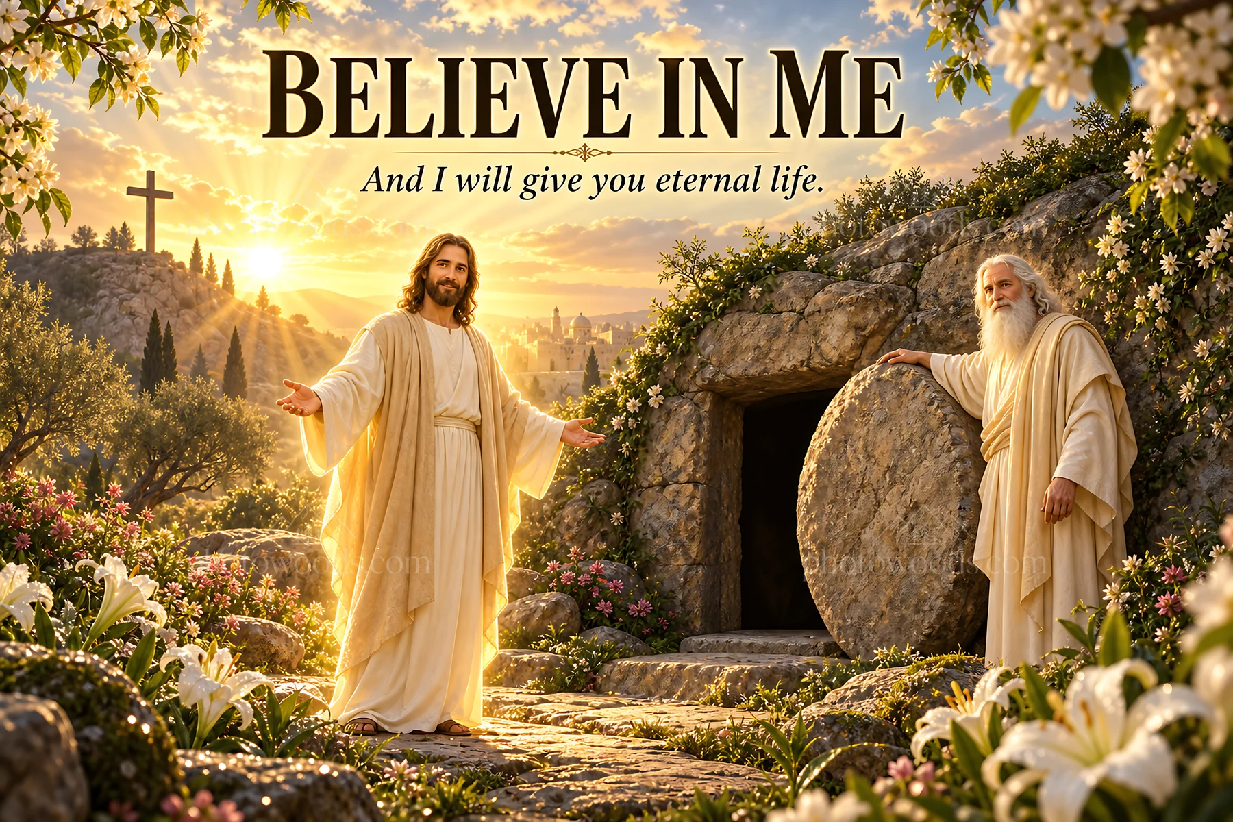 Jesus Christ offers eternal life at the empty tomb - AI-generated stock image