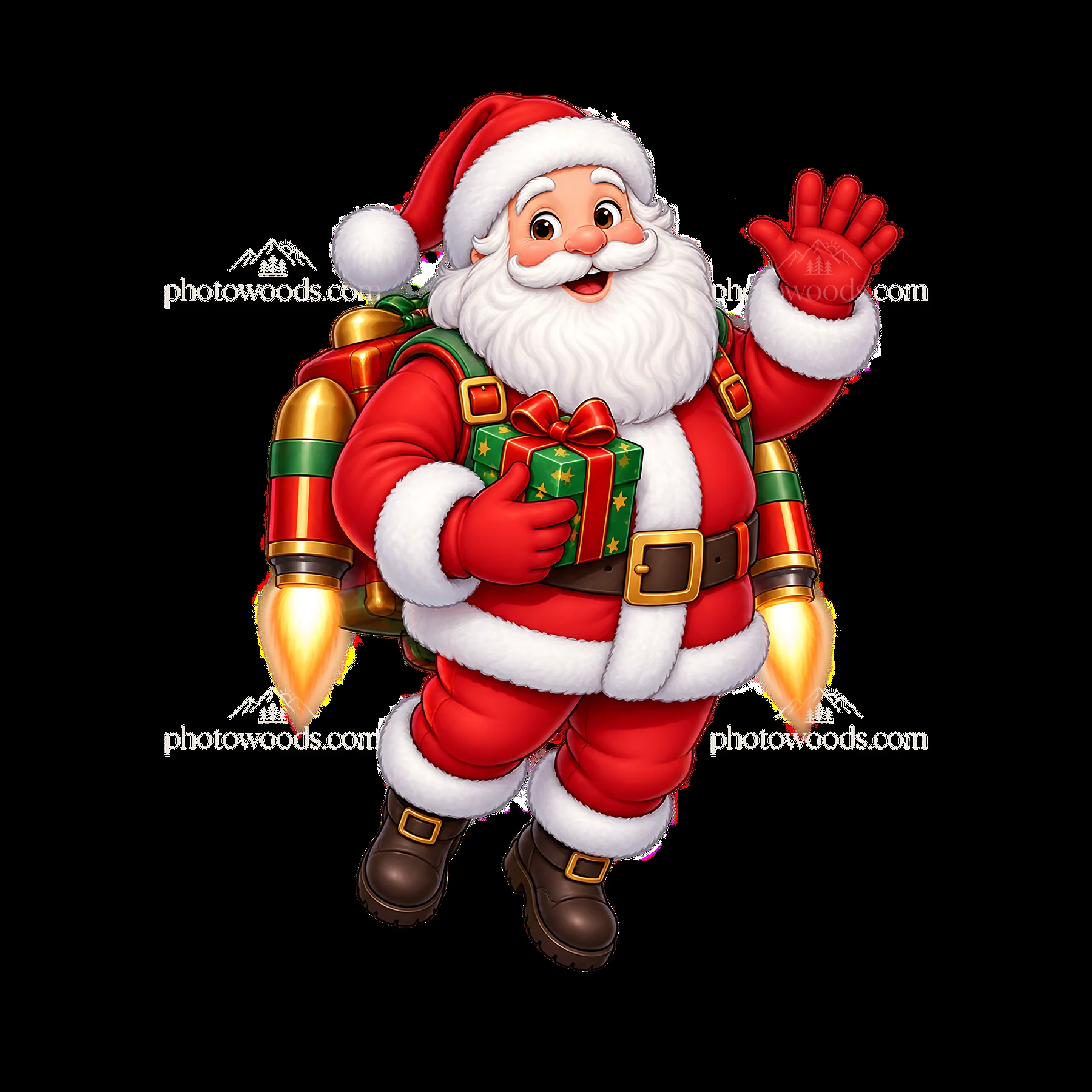 Waving Santa with Gift and Rocket Pack - AI-generated stock image