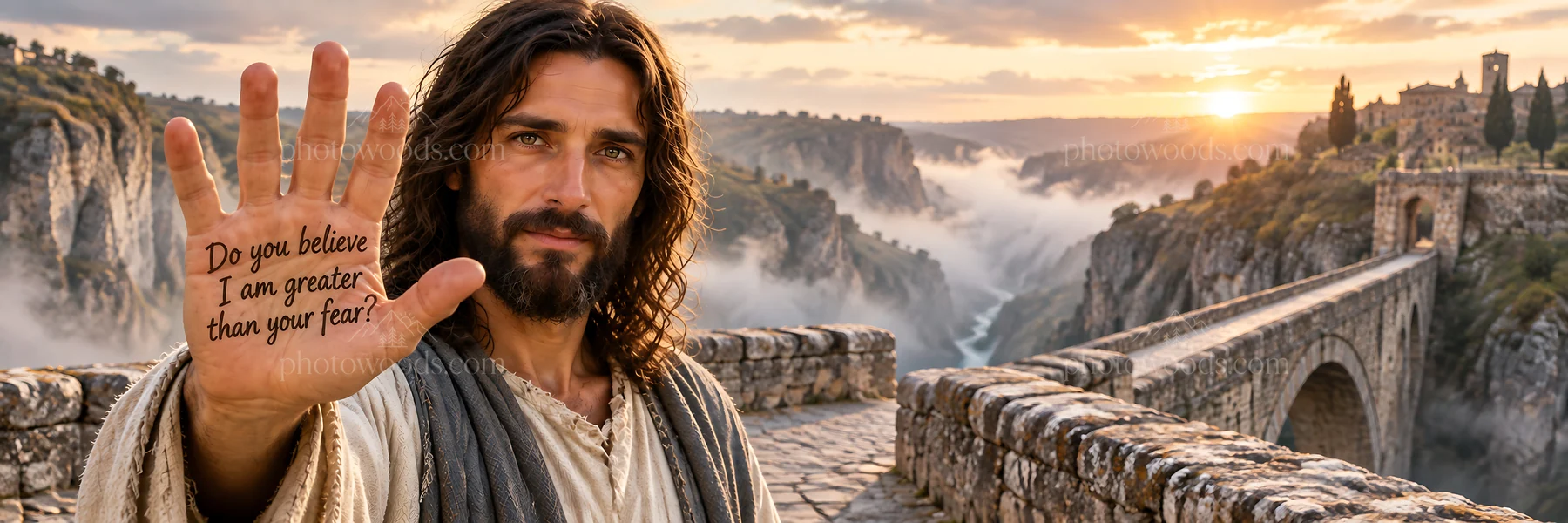 Jesus Christ showing the message of faith in a mountainous landscape - AI-generated stock image