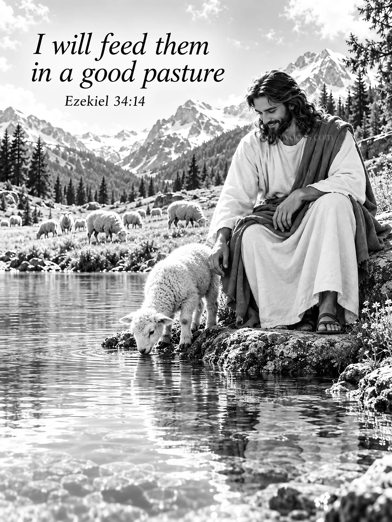 Jesus Christ feeding a lamb in a beautiful pasture - AI-generated stock image
