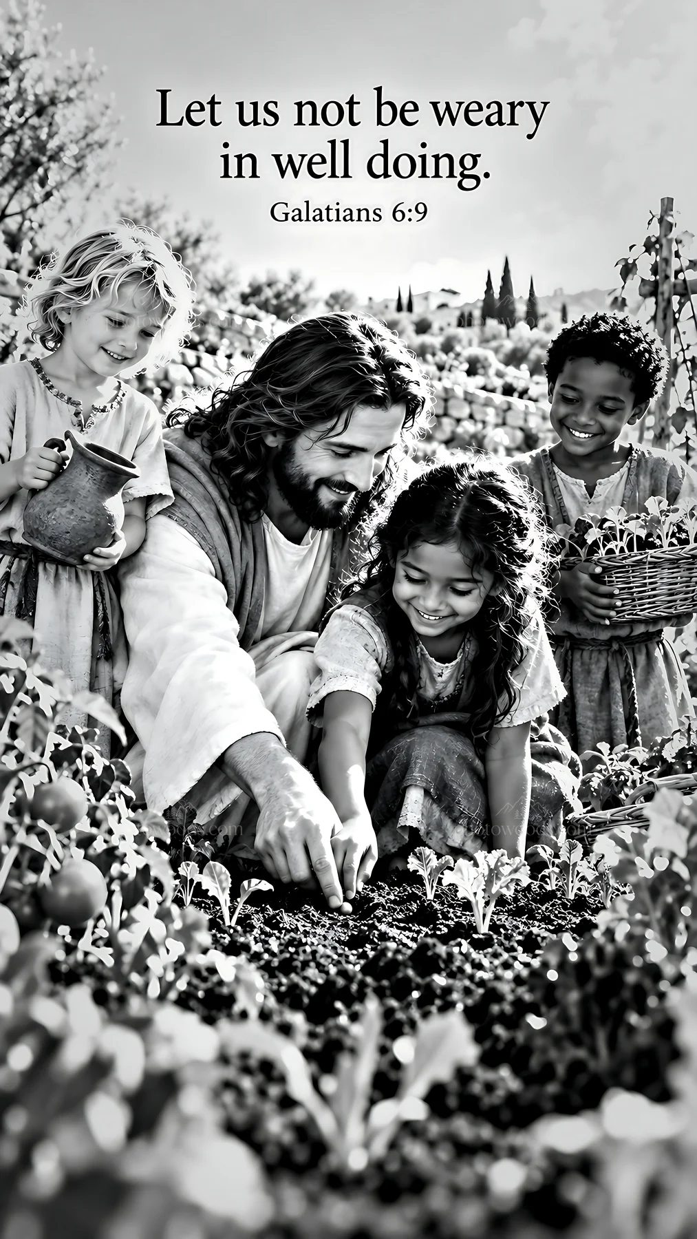 Jesus Christ teaching children in a garden - AI-generated stock image