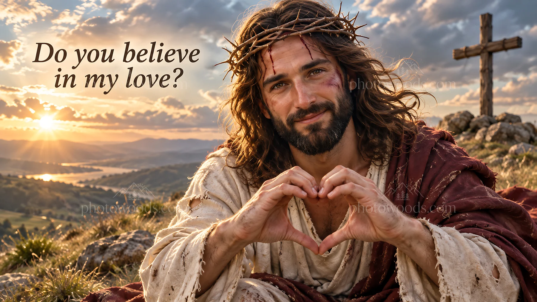 Jesus Christ sharing love with heart gesture in nature - AI-generated stock image