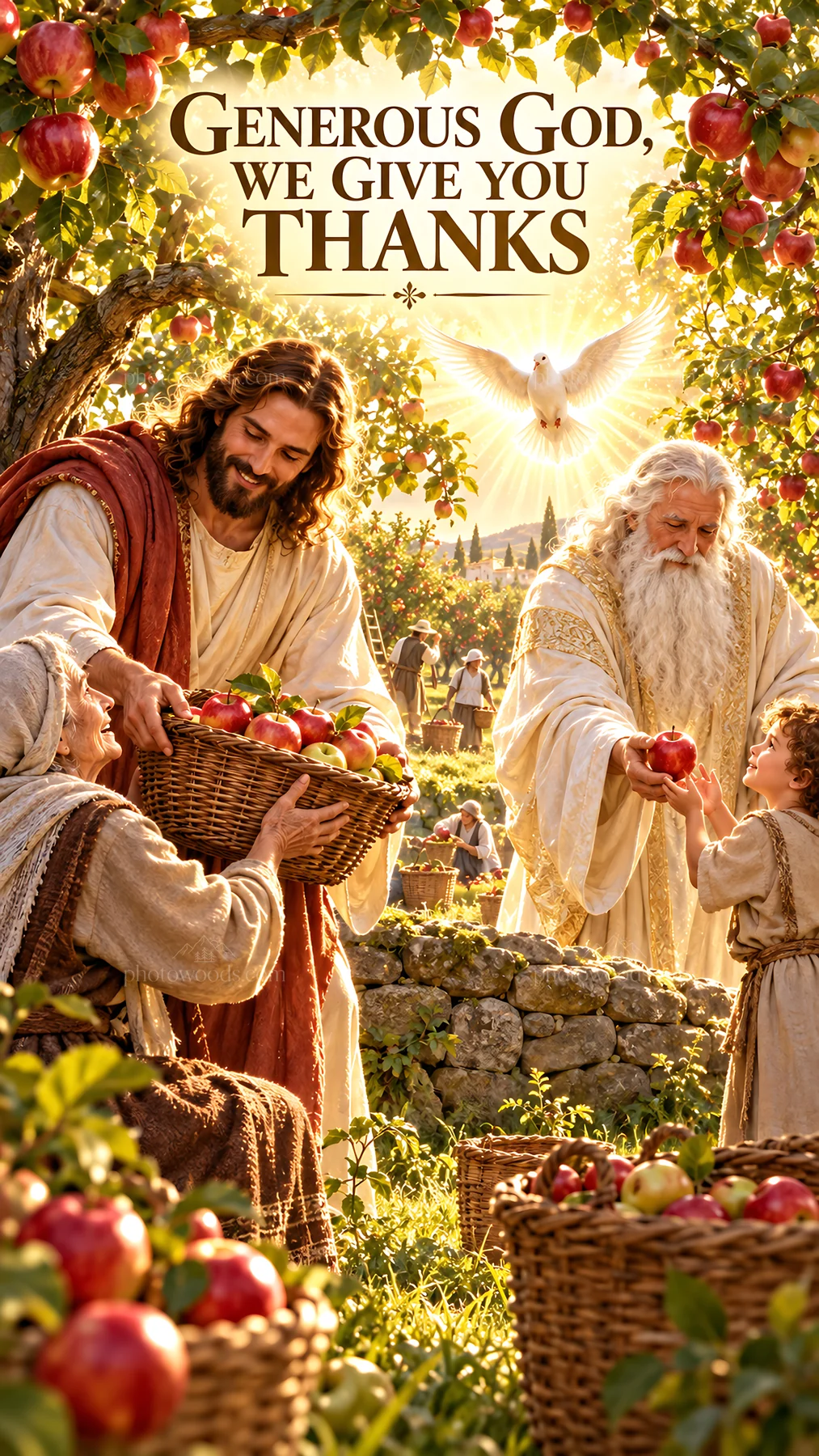 Jesus Christ sharing apples with people in a garden - AI-generated stock image