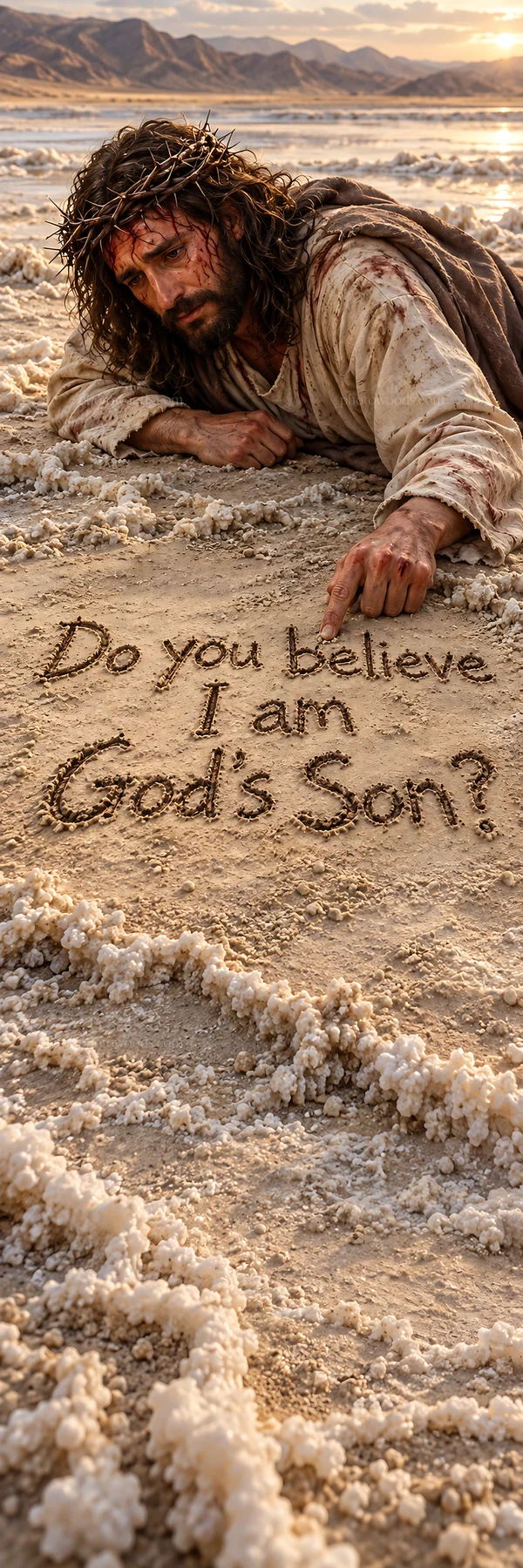 Jesus Christ writing in the sand, asking about faith - AI-generated stock image
