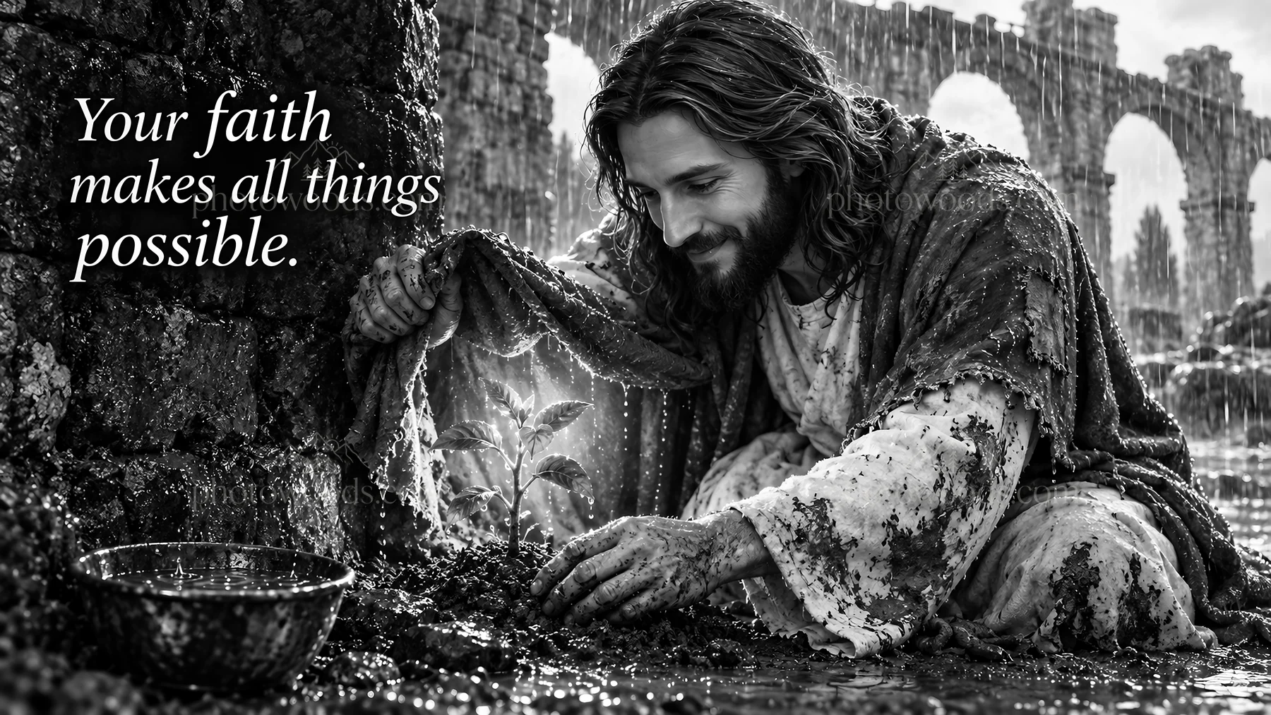 Jesus Christ tending to a plant in a rain-soaked setting - AI-generated stock image
