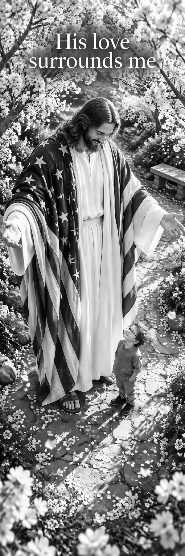 Jesus Christ stands with a child in a garden filled with flowers - AI-generated stock image