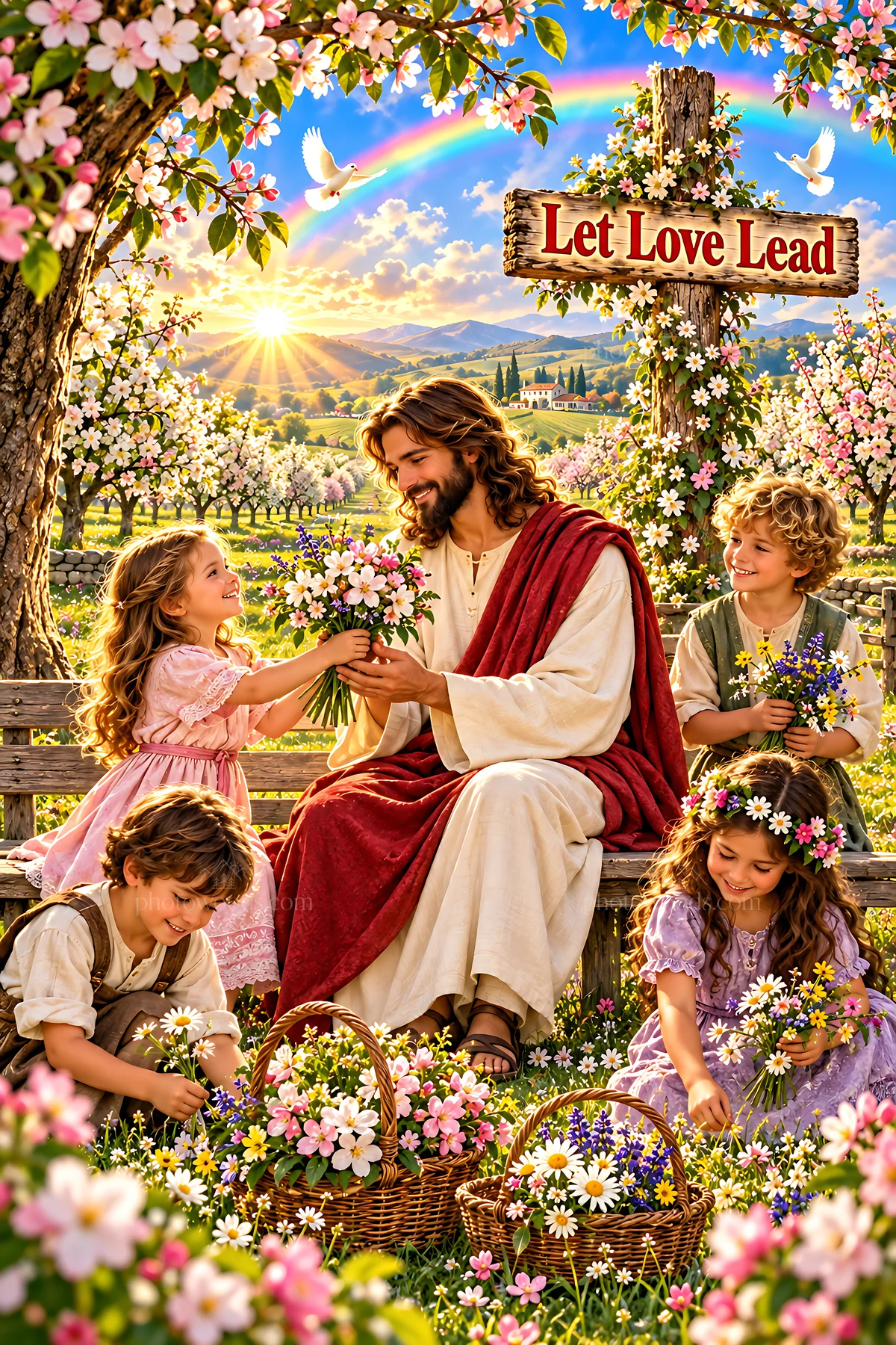 Love in the orchard with children and flowers - AI-generated stock image