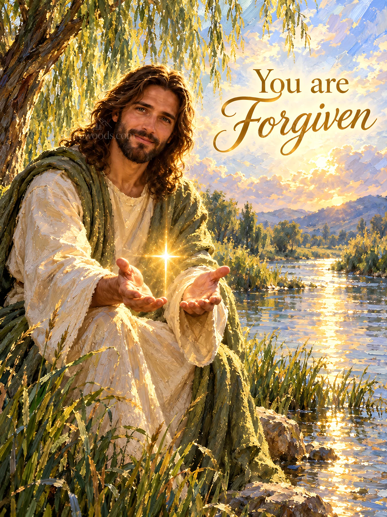 Jesus Christ offering forgiveness by the water - AI-generated stock image