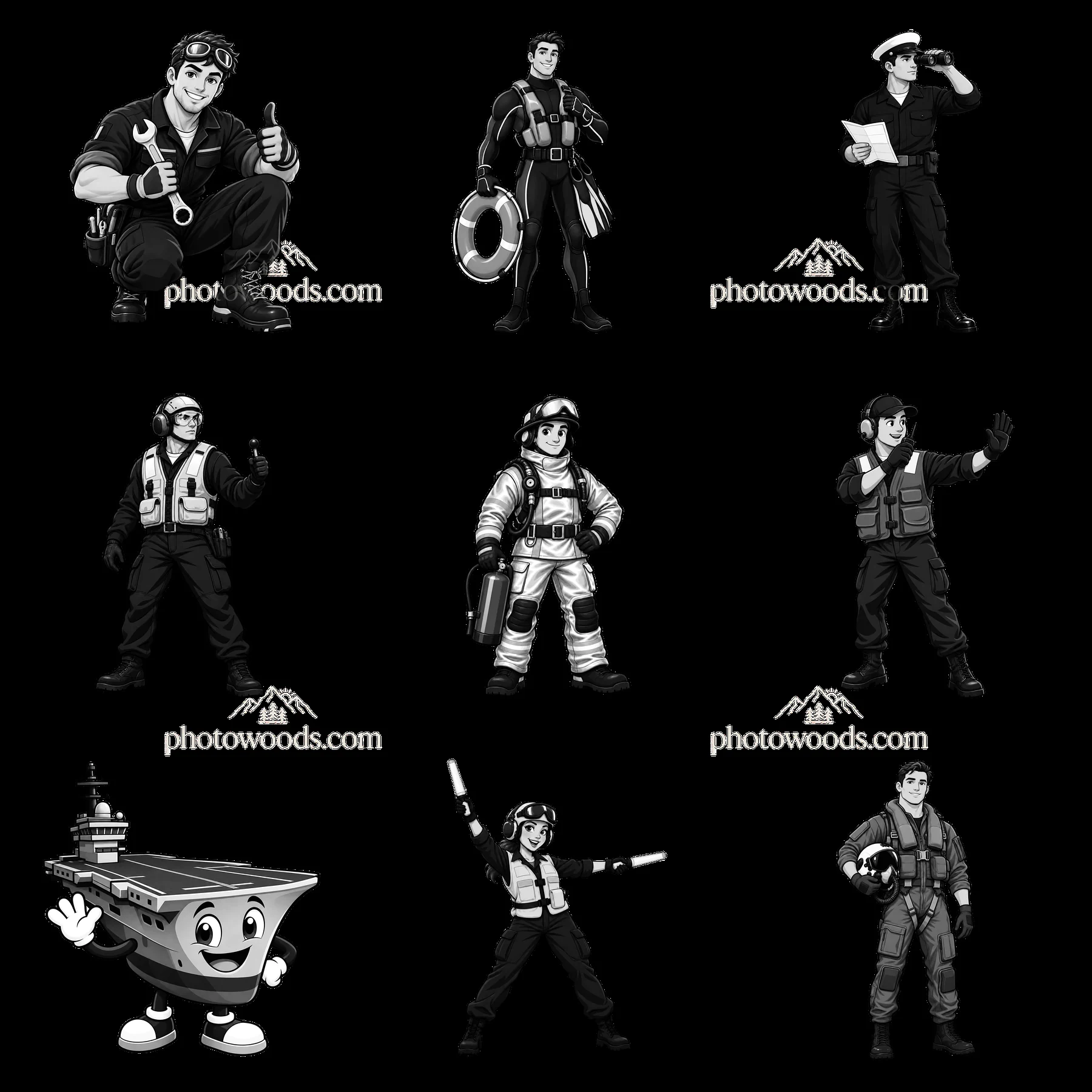 Cartoon stickers of naval crew and aircraft carrier characters - AI-generated stock image