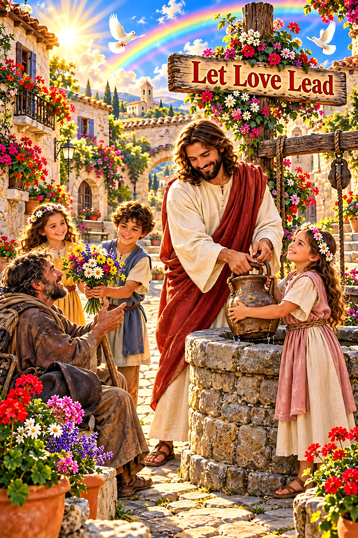 Welcome at the Village Well with children and villagers - AI-generated stock image