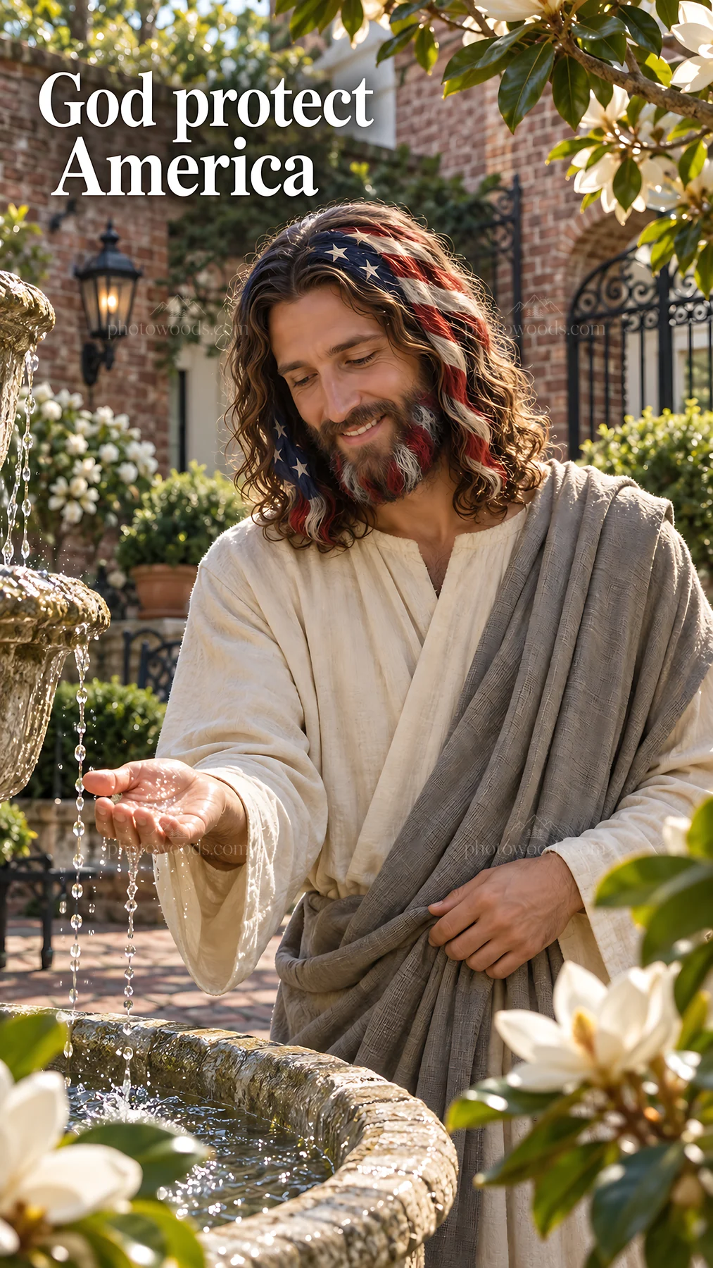 Jesus Christ blessing water and symbolizing protection for America - AI-generated stock image