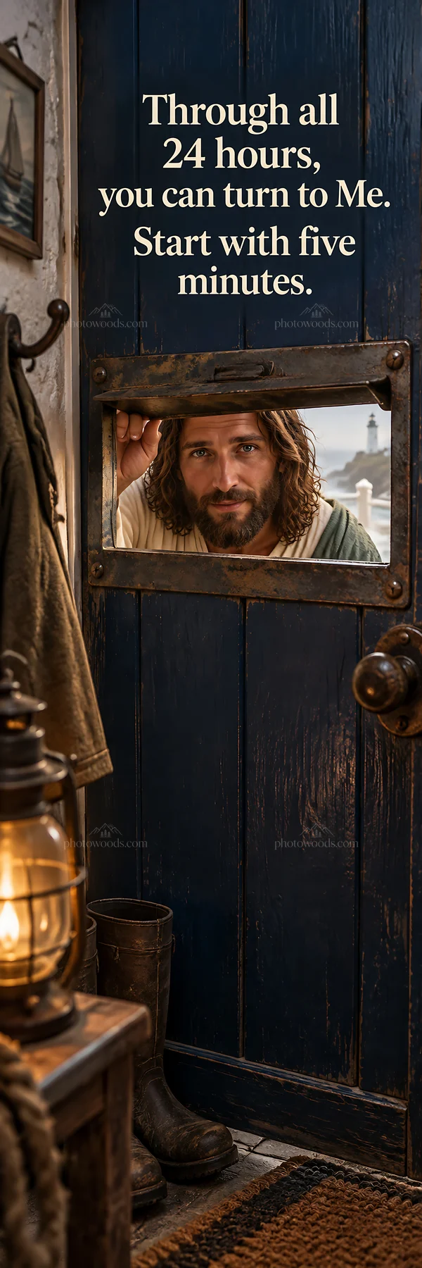 Jesus Christ welcomes you to prayer in a contemporary setting - AI-generated stock image
